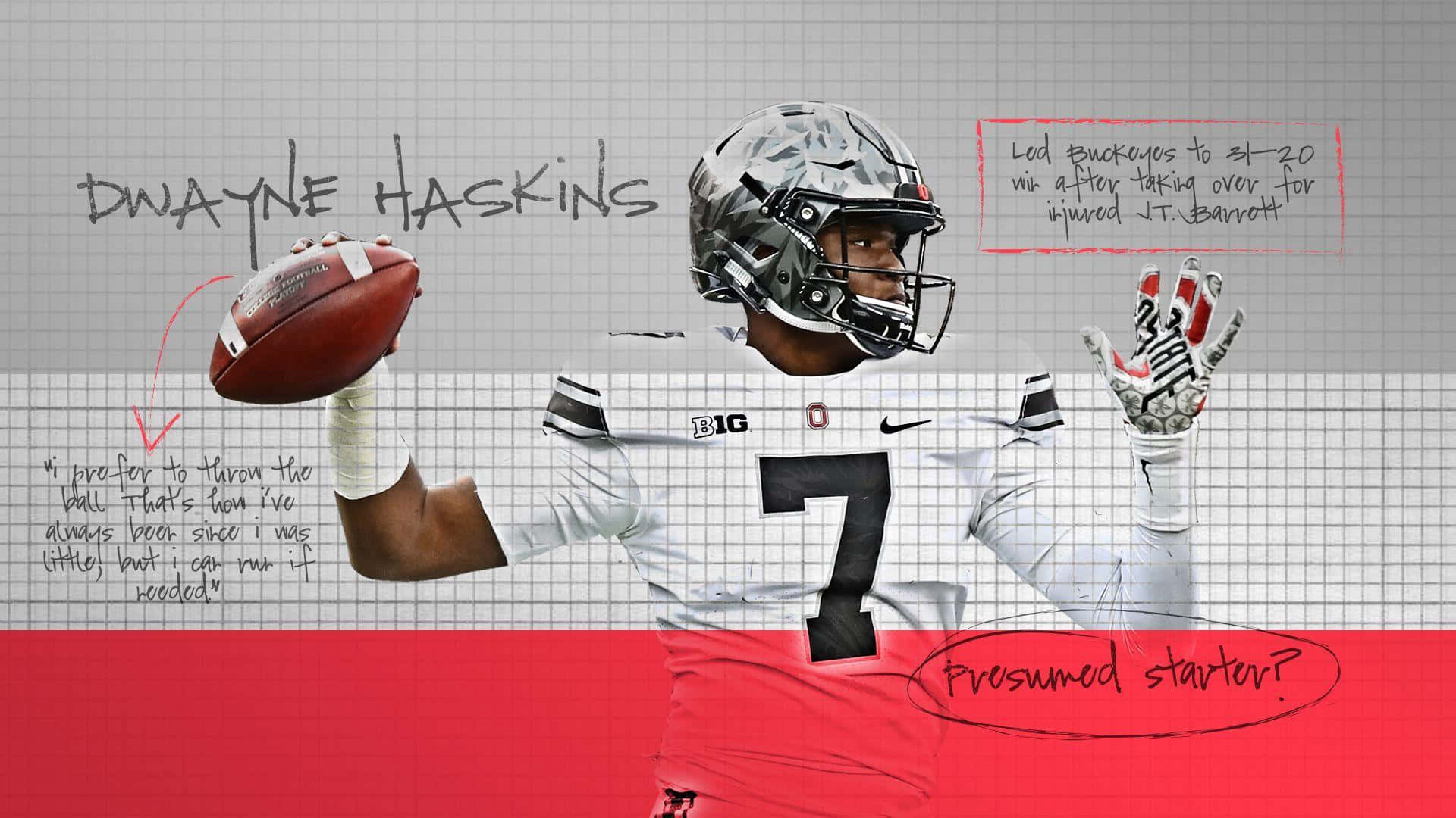 身穿制服的足球四分衛Dwayne Haskins，周圍有手寫筆記。