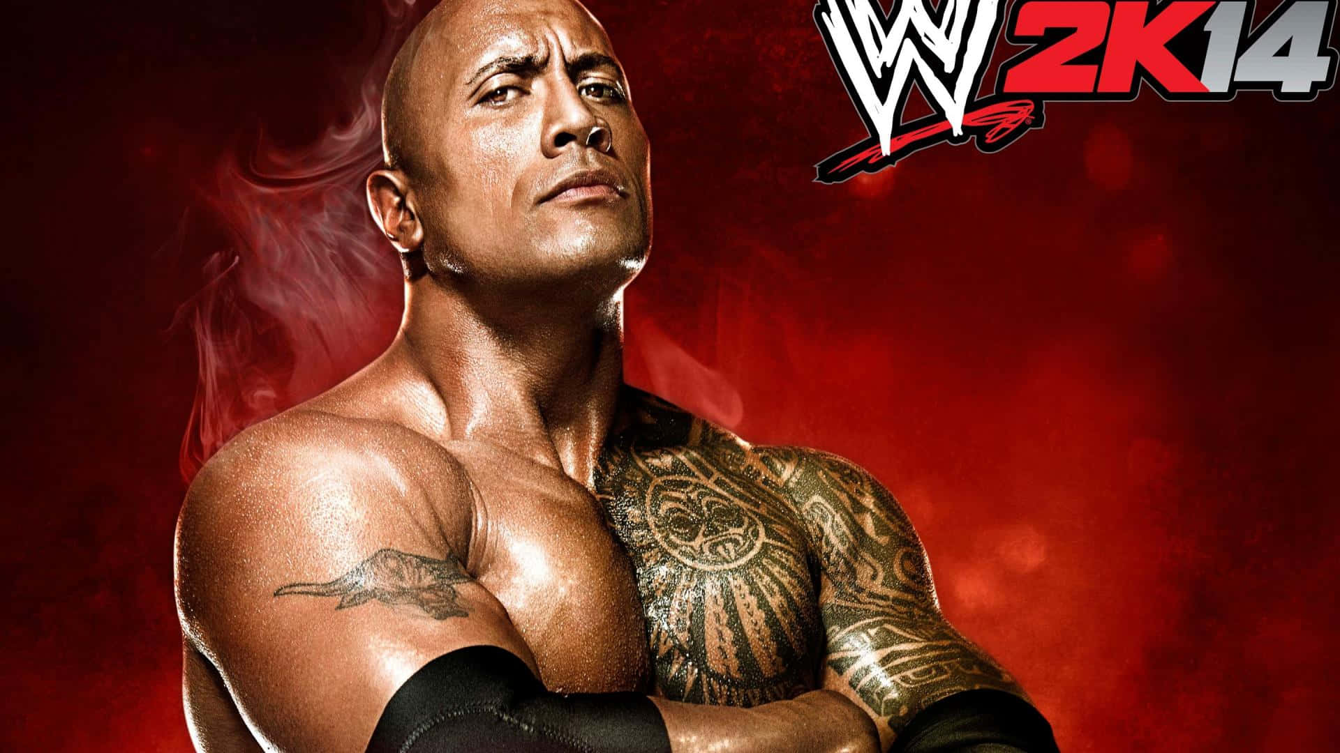 狄維·莊遜 桌布 壁紙 — Dwayne Johnson 在 WWE 2K14 中以 The Rock 身份登場，雙臂交叉，背景為煙霧彌漫的紅色。
