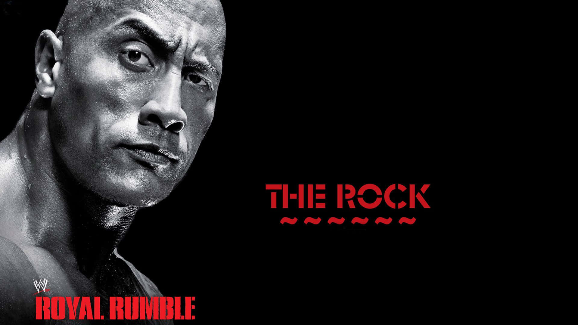 狄維·莊遜 桌布 壁紙 — Dwayne Johnson 的高對比黑白肖像，眼神銳利，背景為黑色，帶有紅色 WWE Royal Rumble 文字。