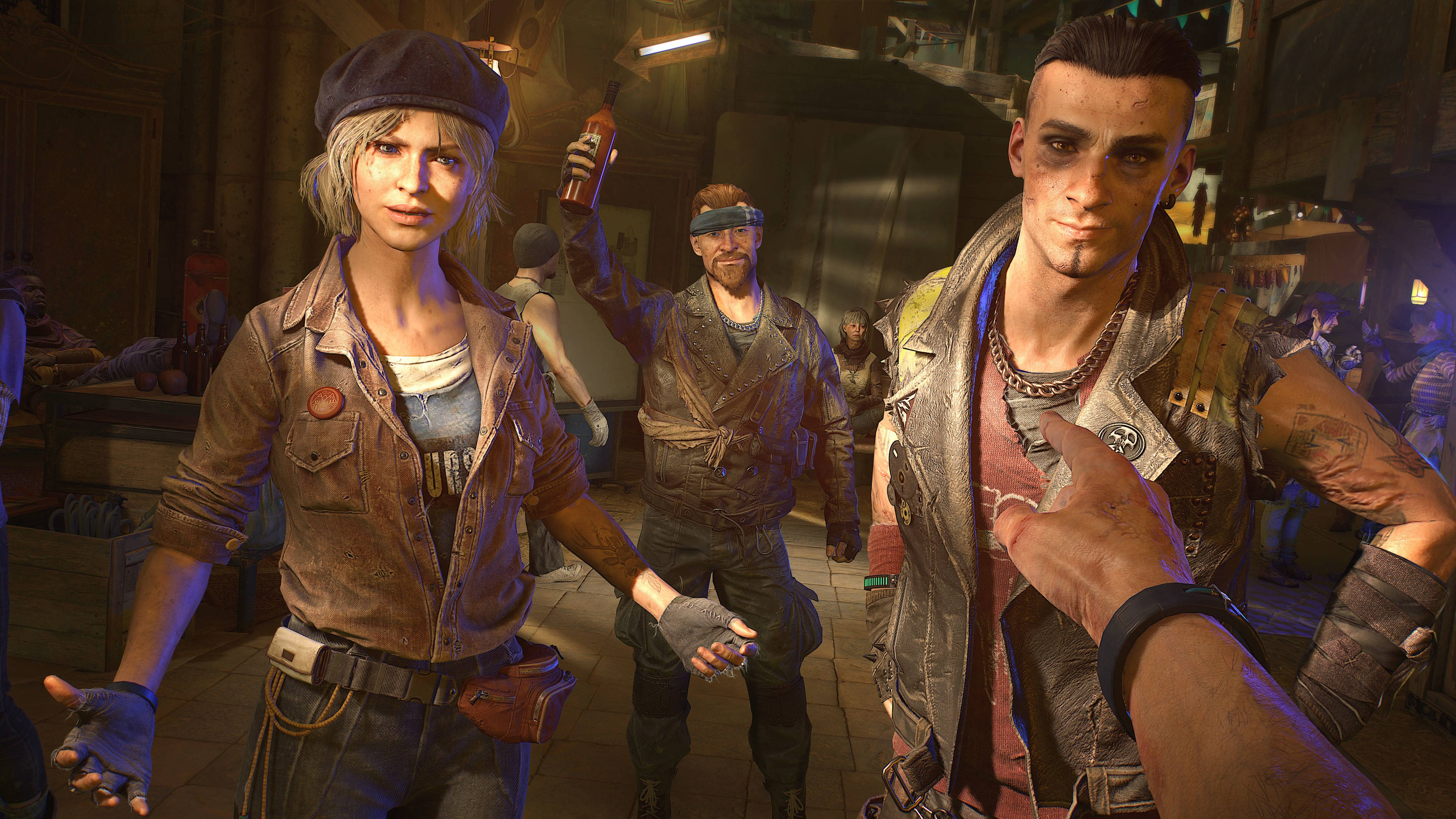 Dying Light 2 生存者群像 壁紙 — 以第一人稱視角呈現三個粗獷角色，身處燈光昏暗、雜亂無章的酒吧，帶有霓虹燈點綴和緊張表情。