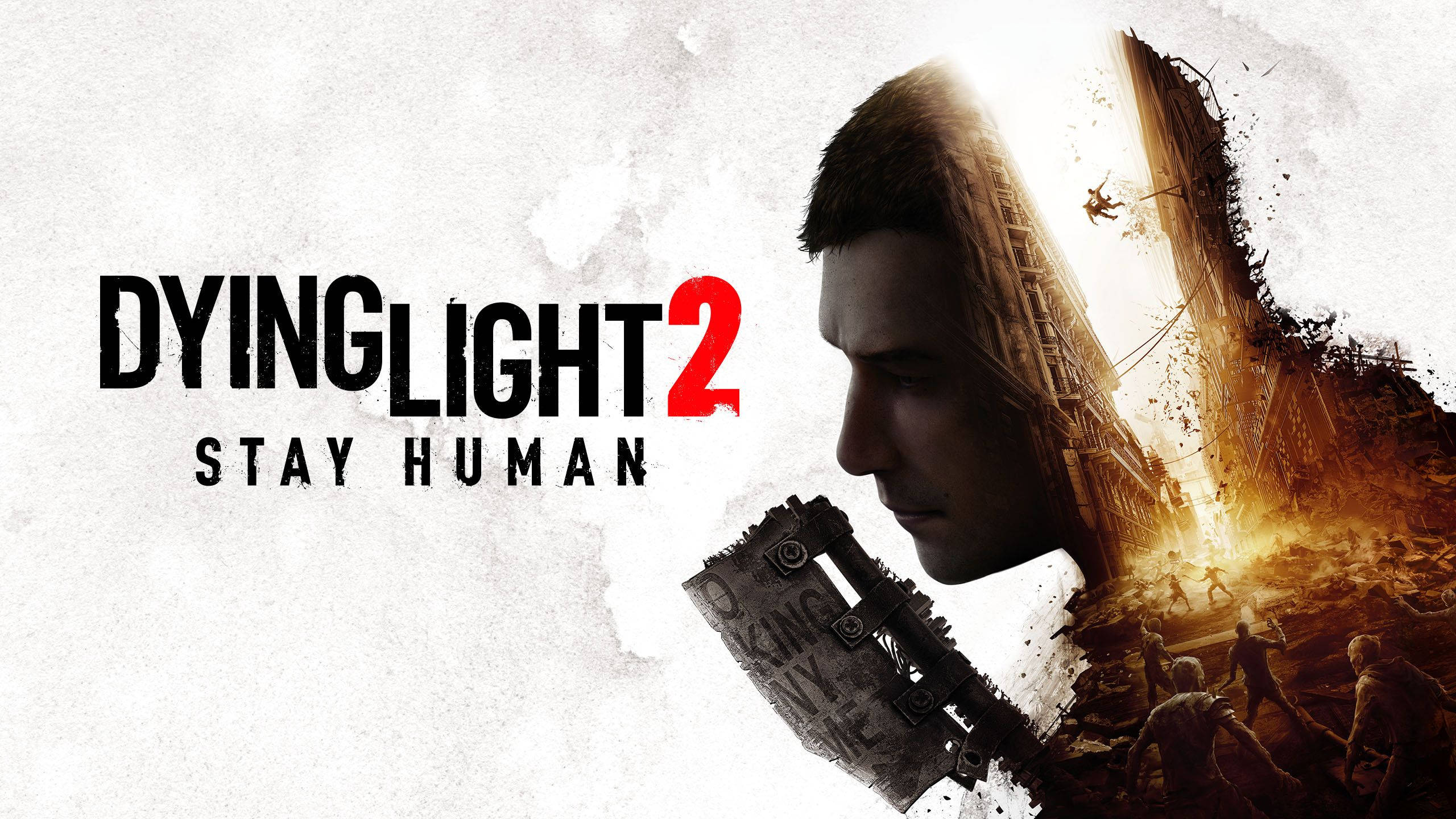 Dying Light 2: Stay Human 官方標題畫 壁紙 — 一張粗獷的遊戲海報顯示一個男人側面拿著武器，身後一座 crumbling 的城市爆炸。
