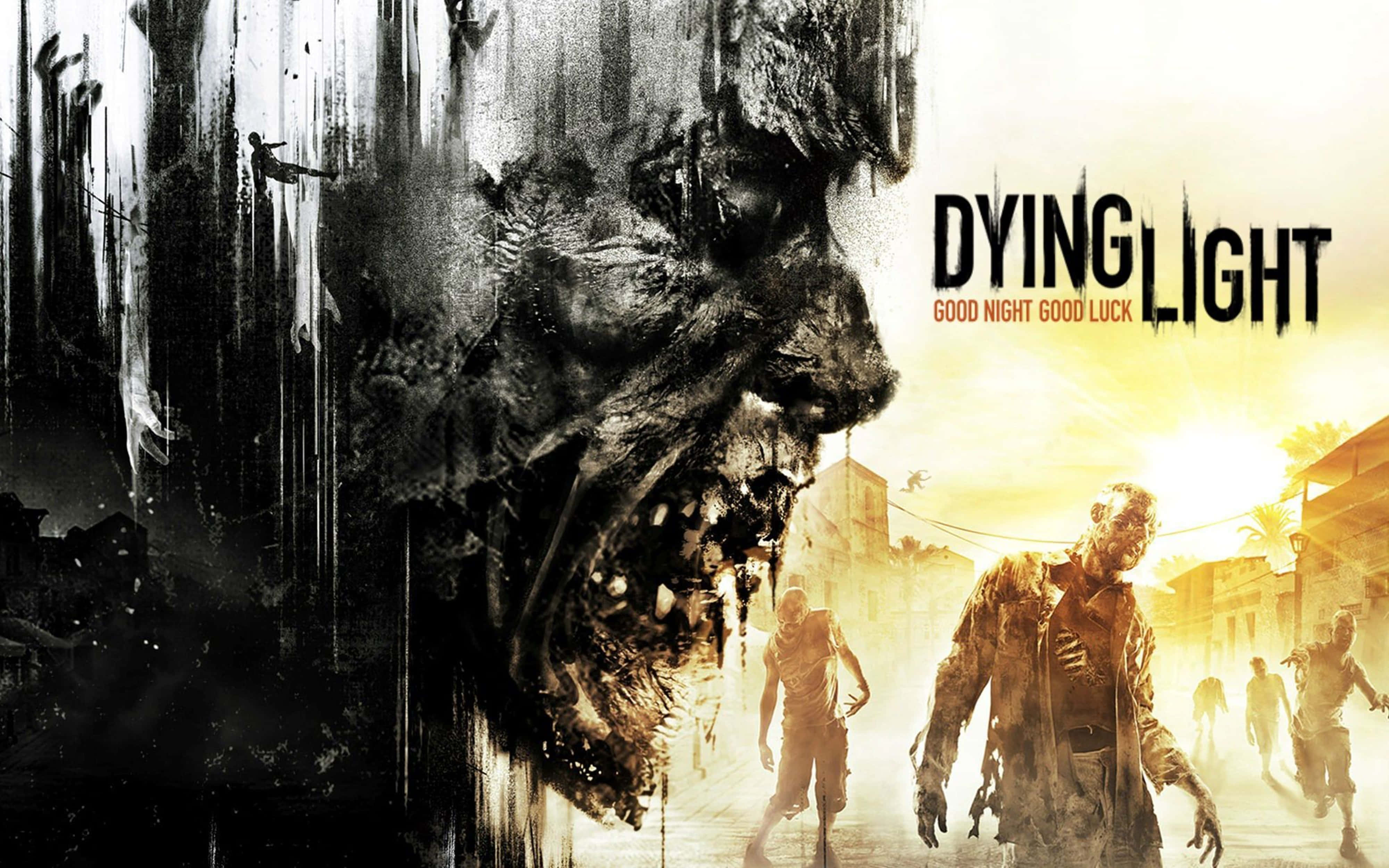 《Dying Light》4K遊戲畫面震撼視覺 壁紙 — 一個怪物的喪屍面孔籠罩在陽光普照的城市街道上，受感染的身影蹣跚地走向觀眾。