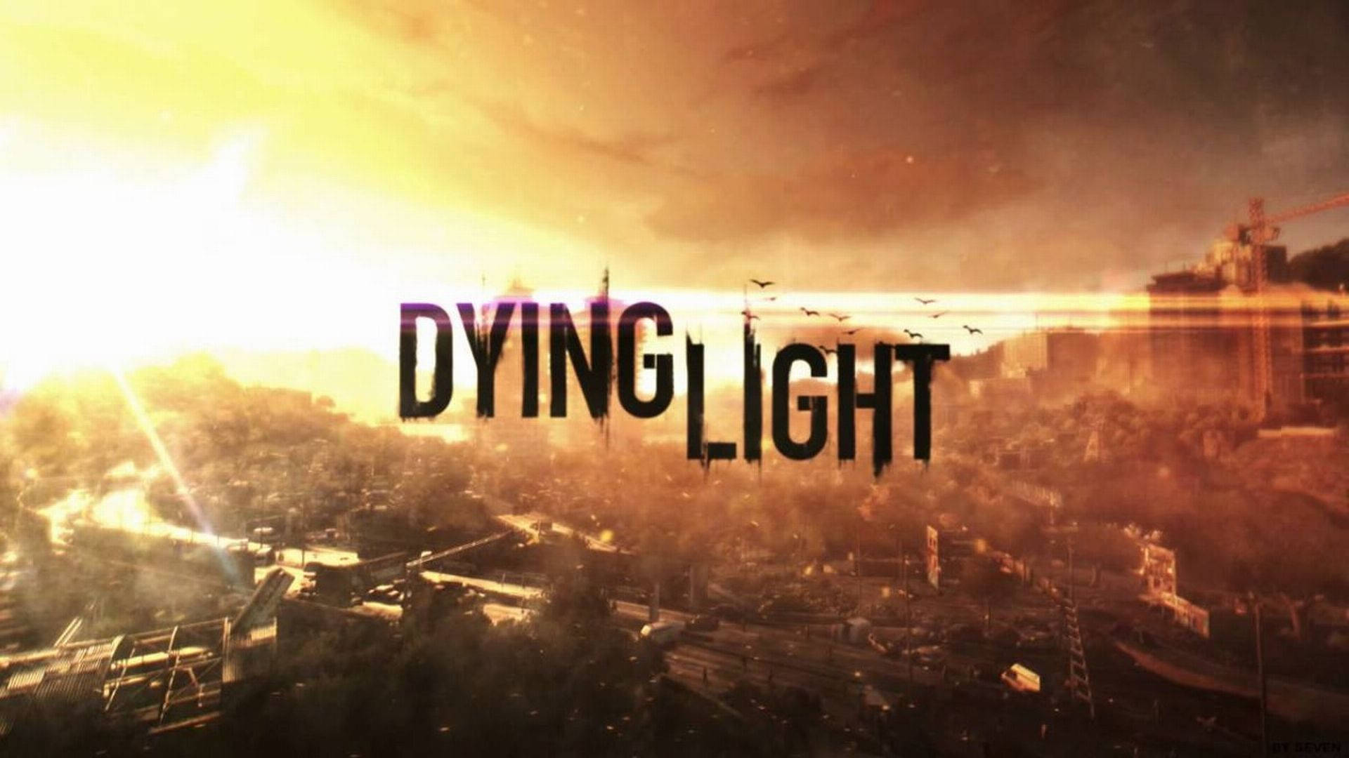 日落時分廢墟城市上的Dying Light遊戲標題，有鳥兒飛翔。