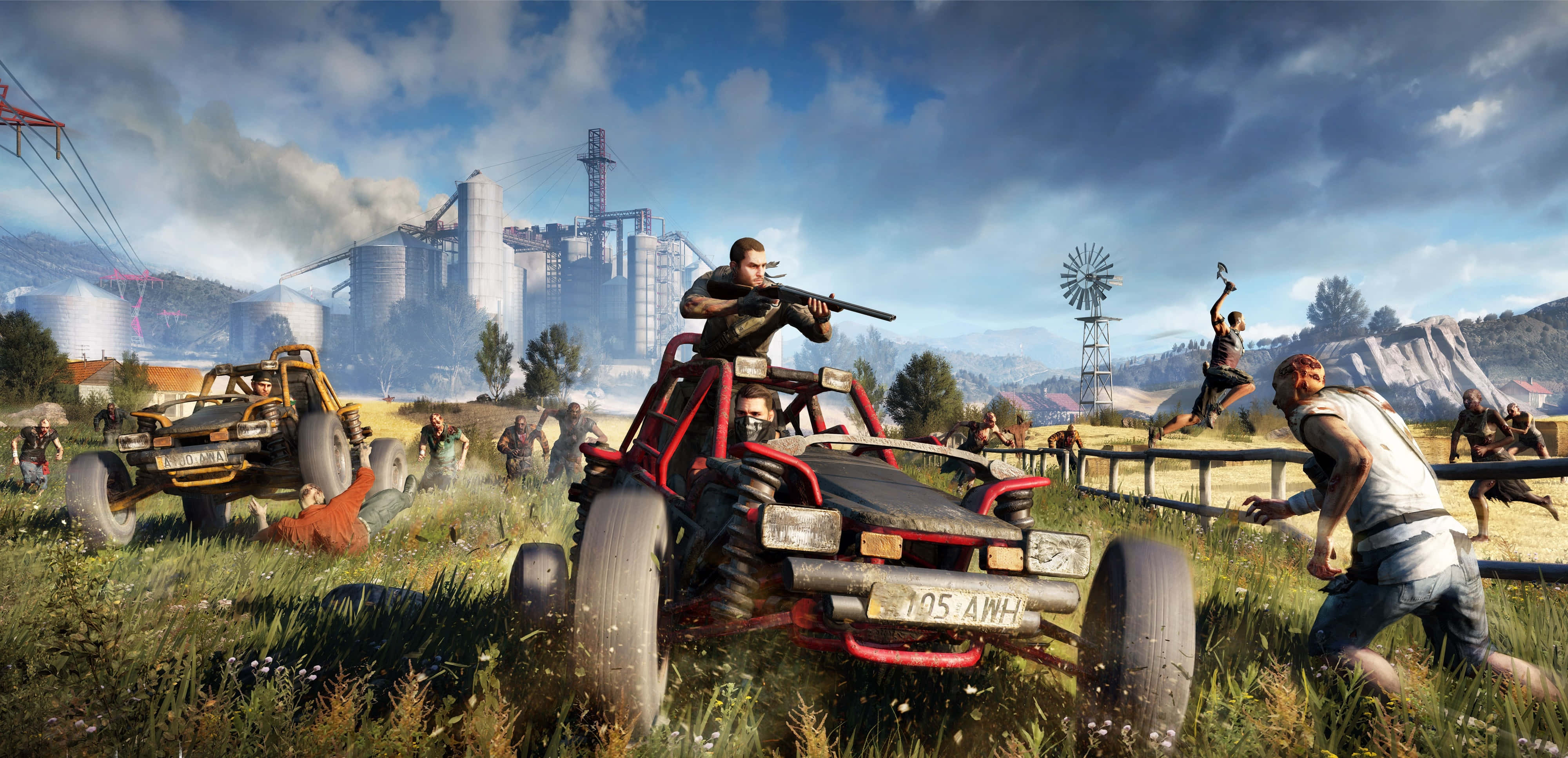 Dying Light 遊戲沉浸式虛擬現實體驗 4K 壁紙 — 一名男子在紅色沙灘車上向工廠和風車附近草地上衝過來的喪屍開步槍射擊。