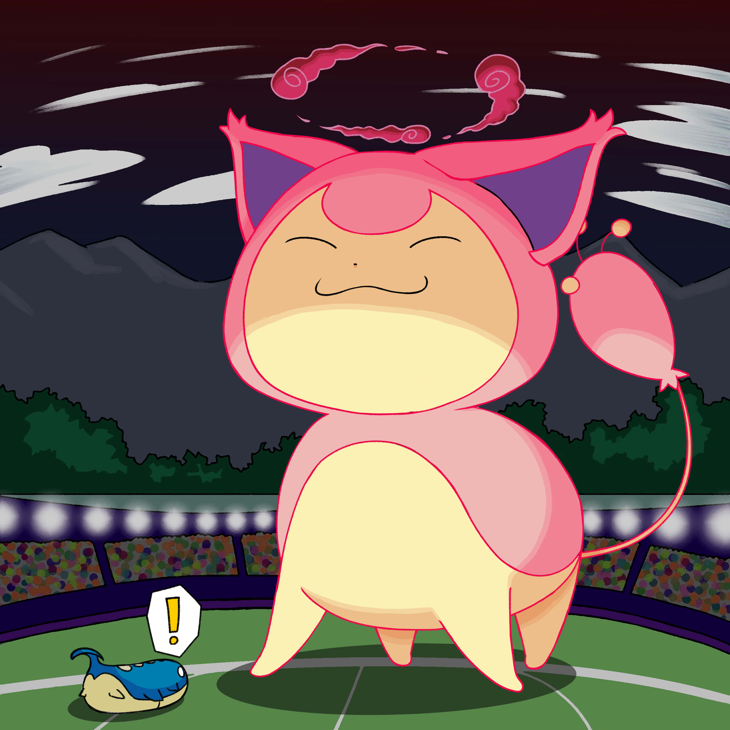 Dynamax Skitty搞笑圖 壁紙 — 一隻粉紅色卡通貓，尾巴像氣球，夜晚在體育場開心地站著，背後有山。