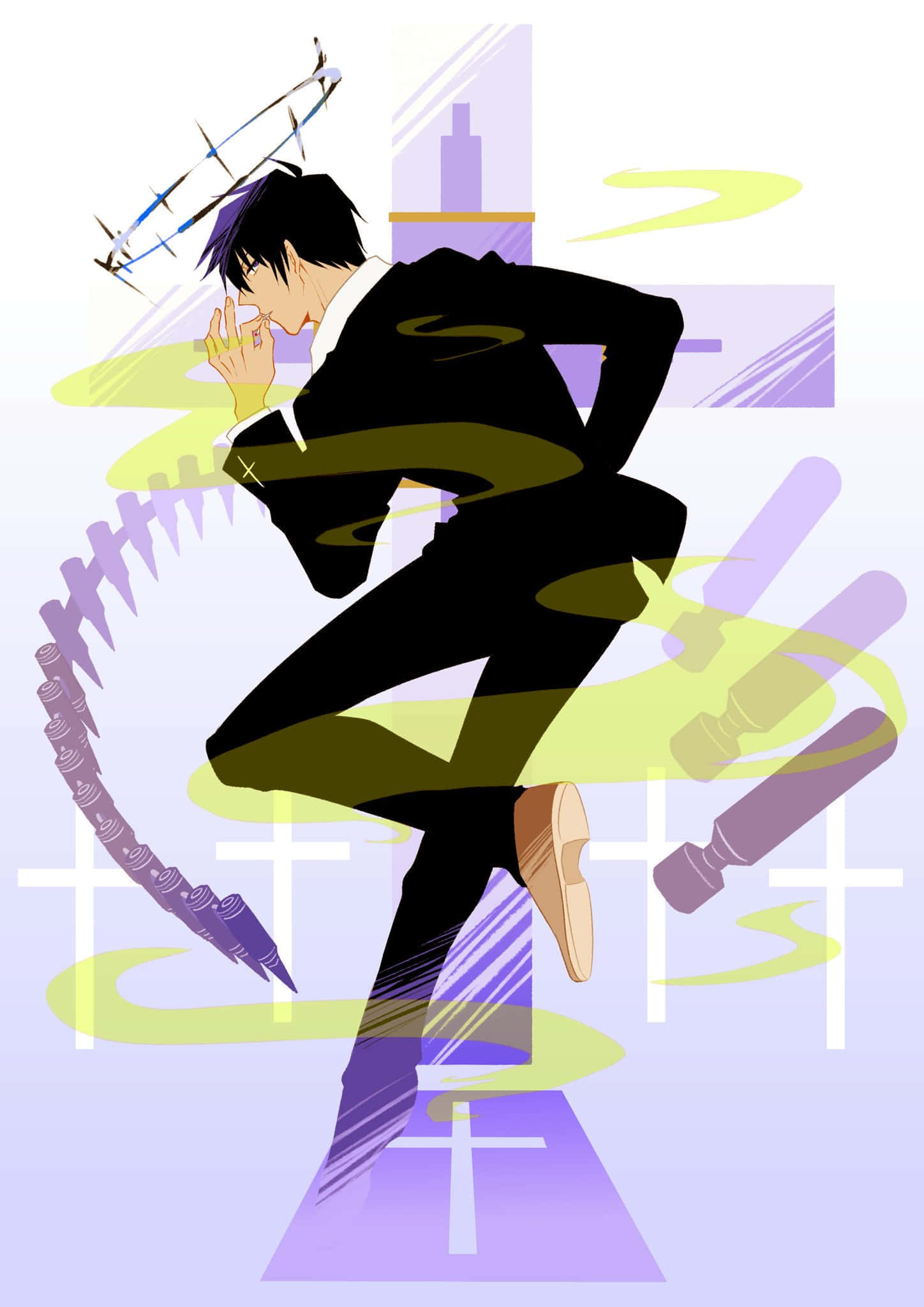 Nicholas D Wolfwood 桌布 壁紙 — 一個動態的動漫角色穿著黑色西裝跳躍，頭戴荊棘冠冕，被旋轉的紫色和綠色能量包圍，背景是風格化的城市。