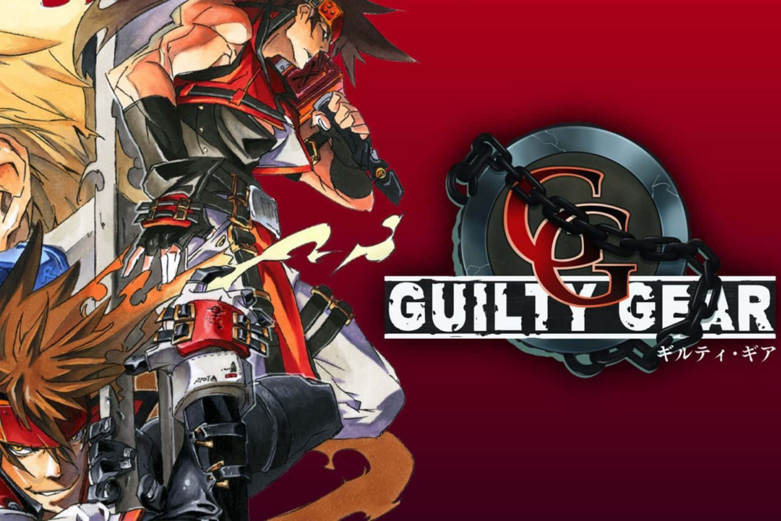  壁紙 — 動態動漫角色身穿戰鬥裝備，在搶眼的紅色背景上與Guilty Gear標誌碰撞。