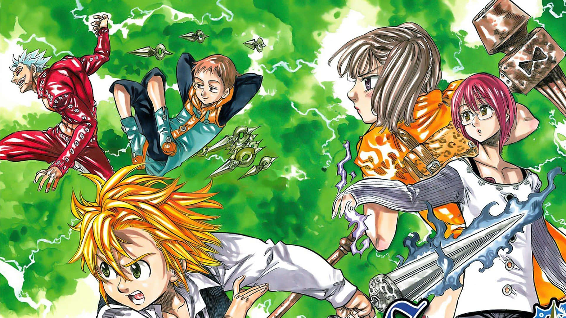 Seven Deadly Sins King 桌布 壁紙 — 動態動漫角色在充滿活力的綠色能量風暴中釋放元素力量。