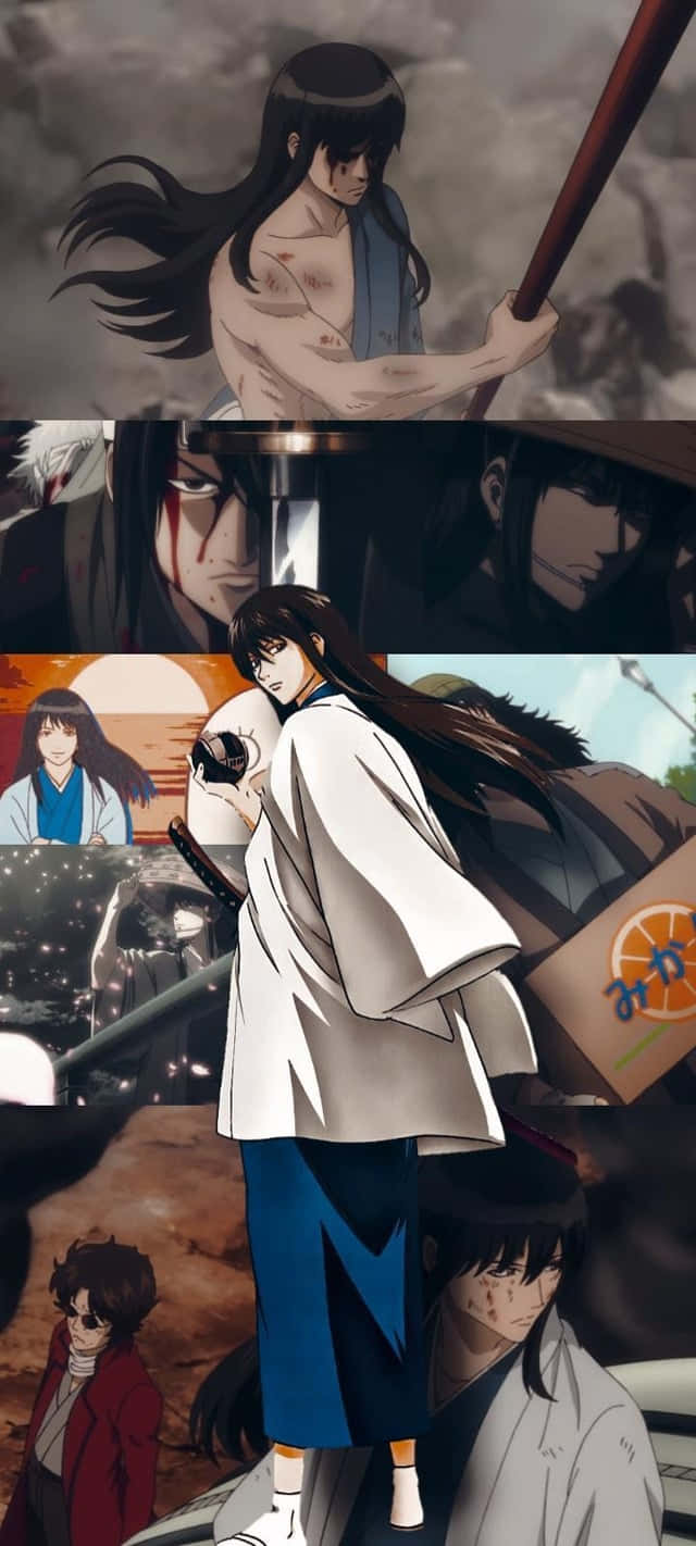  壁紙 — 一張動態動漫拼貼畫，描繪一位長黑髮的武士戰士在戲劇性的戰鬥場景和角色肖像中揮舞著法杖。