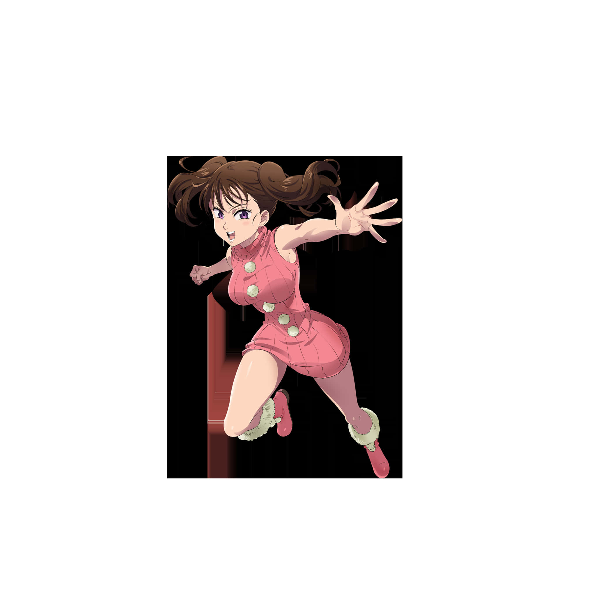 Seven Deadly Sins Diane 桌布 壁紙 — 一個充滿動感的動漫女孩，身穿粉紅色服裝，在黑暗背景下向前跳躍，雙臂伸展。