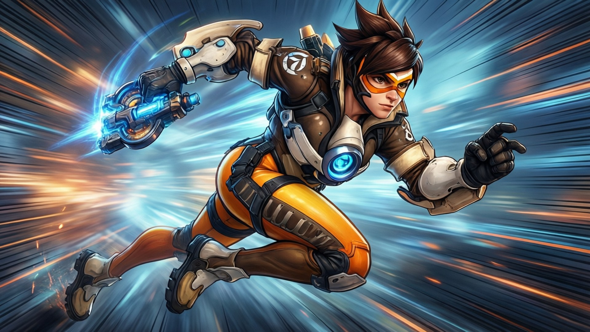Tracer 桌布 壁紙 — 一個動態動漫風格英雄，身穿橙色和棕色裝備，帶著發光的藍色武器和動態模糊條紋向前衝刺。