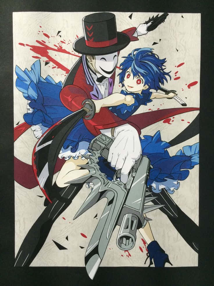 壁紙 — 一幅動態動漫插圖，描繪一位藍髮少女在紅色飛濺中揮舞著劍，騎著一位戴高帽的面具人物。