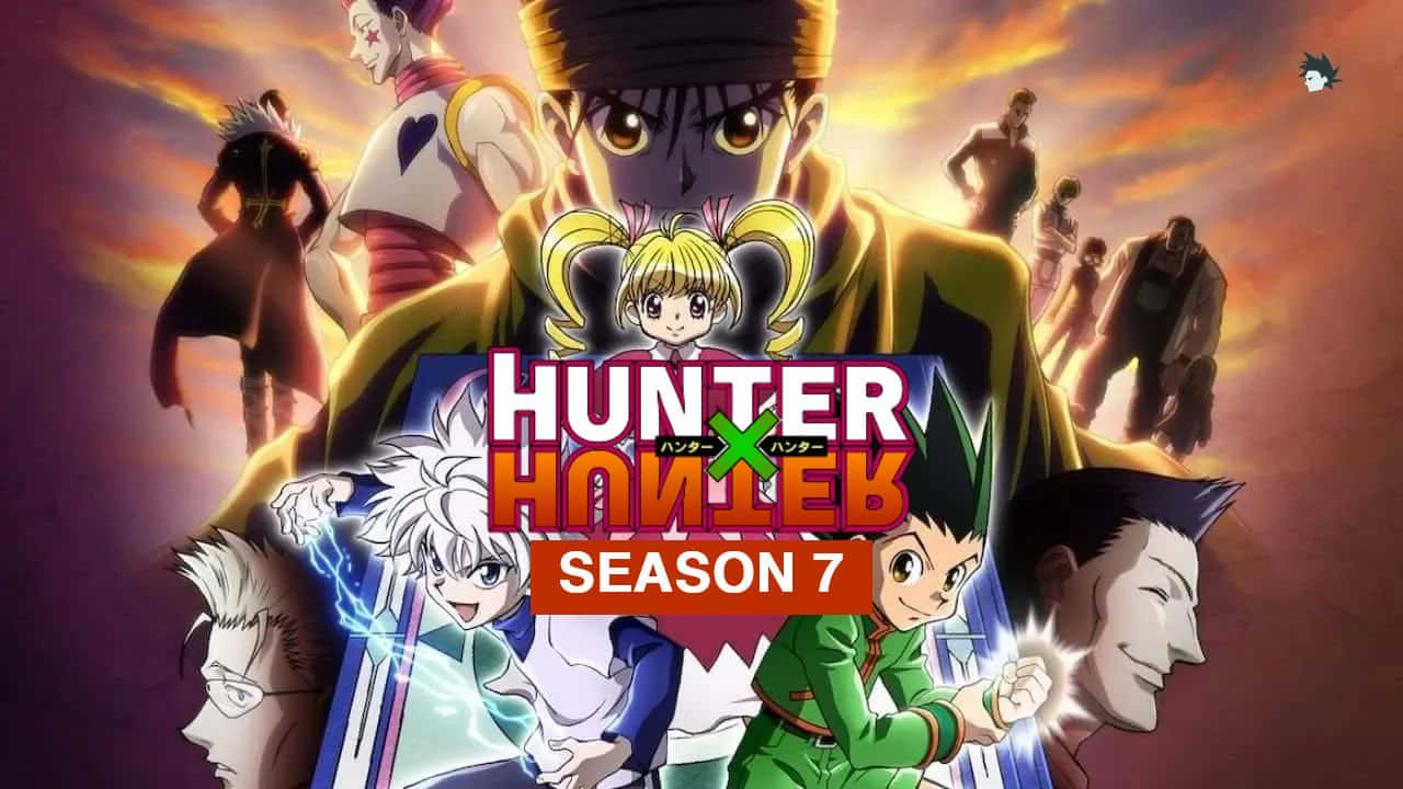 Shonen Anime 桌布 壁紙 — 《Hunter x Hunter》第七季動態動畫海報，主角群在熾熱的夕陽天空下登場。