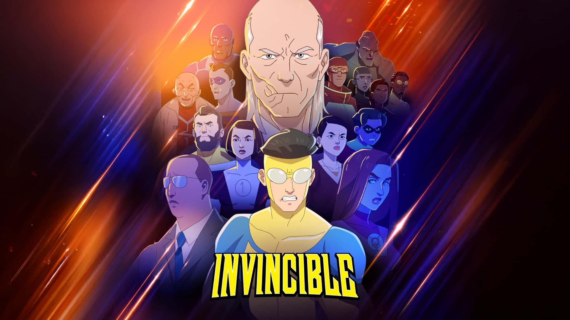  壁紙 — 一張動態動畫海報，展示超級英雄Invincible和他的團隊，背景是充滿活力的橙色和藍色條紋。