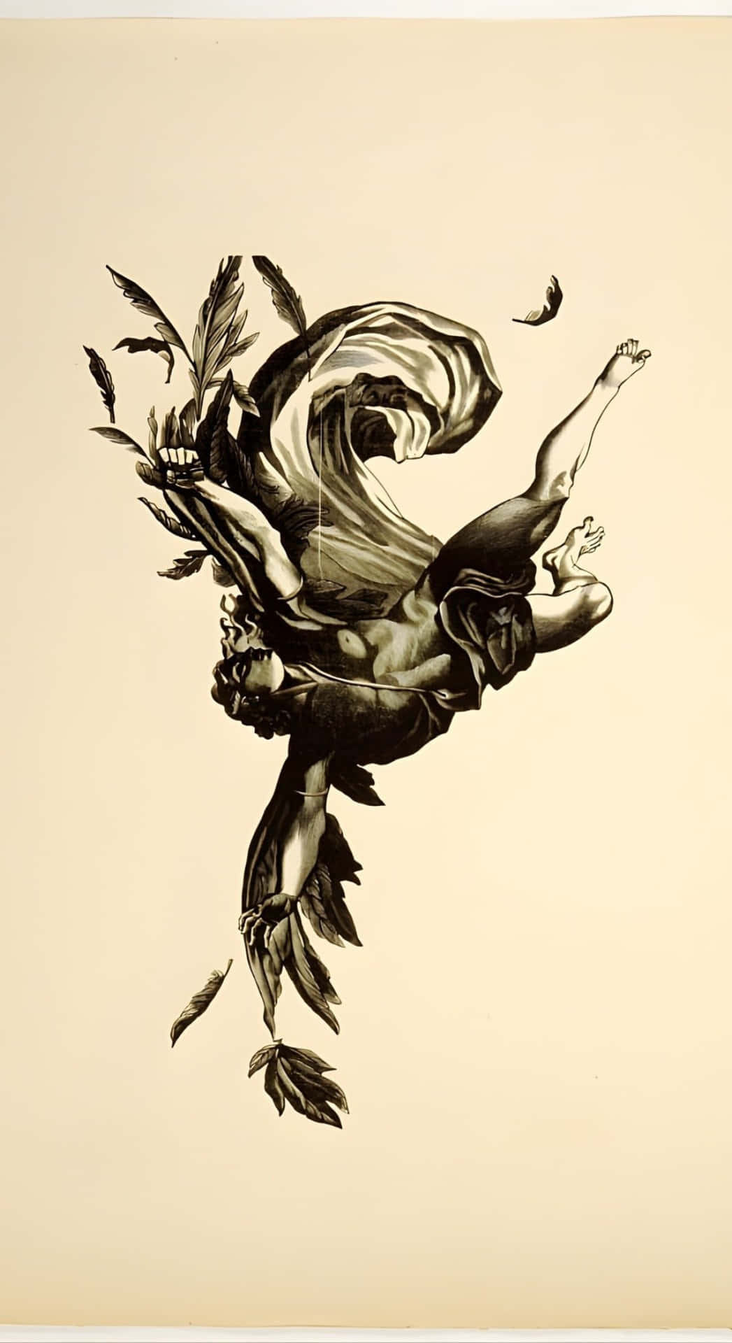  壁紙 — 一幅動態黑白插圖，描繪一個肌肉發達的人物與流動的樹葉和羽毛交織在奶油色背景上。