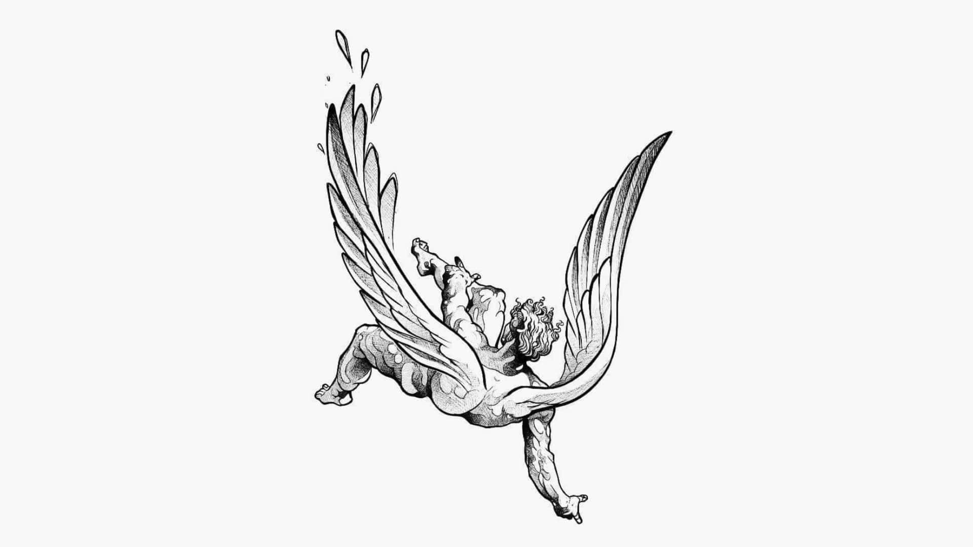  壁紙 — 一幅充滿動感的黑白線條畫，描繪一個肌肉發達的有翼人物向前俯衝，身後拖曳著水滴。