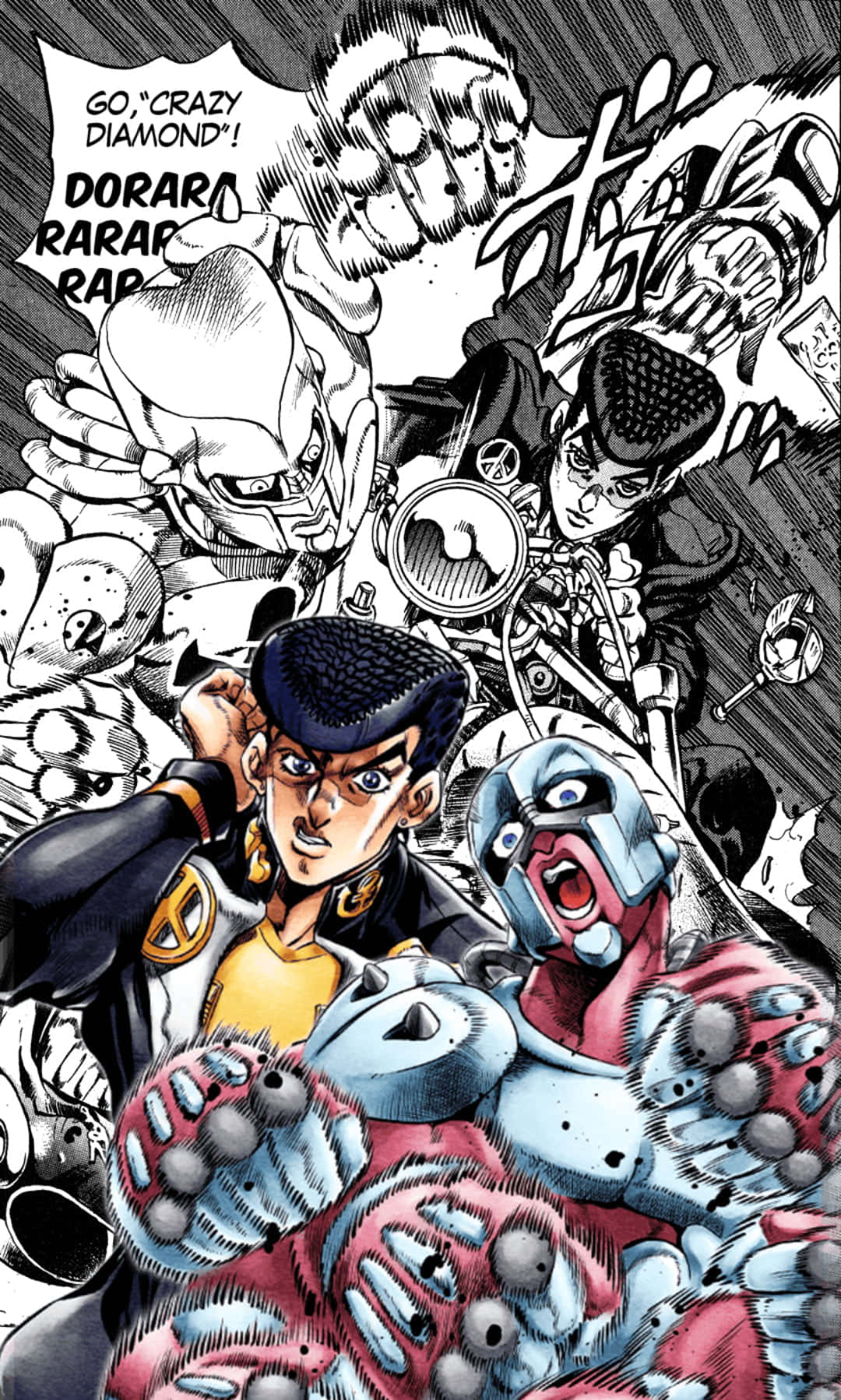  壁紙 — 動態黑白漫畫面板，JoJo角色以誇張表情和動作線進行激烈戰鬥。