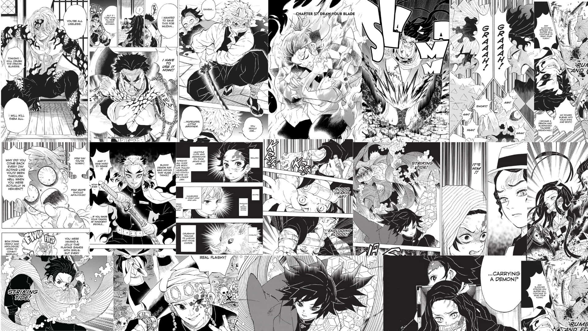  壁紙 — 來自《鬼滅之刃》的動態黑白漫畫面板，展現激烈的戰鬥和戲劇性的角色表情。