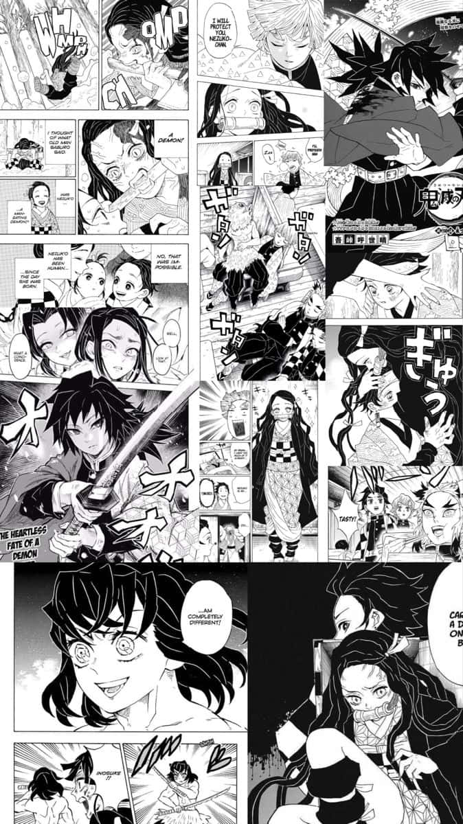  壁紙 — 來自《鬼滅之刃》的動態黑白漫畫面板，展現激烈的戰鬥和情感表達。