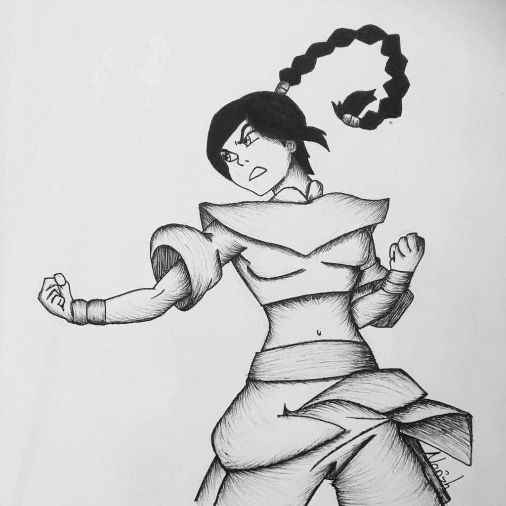 壁紙 — 一幅充滿動感的黑白素描，描繪一位決心堅定的動漫女孩，擺出戰鬥姿勢，紮著捲曲的馬尾辮。