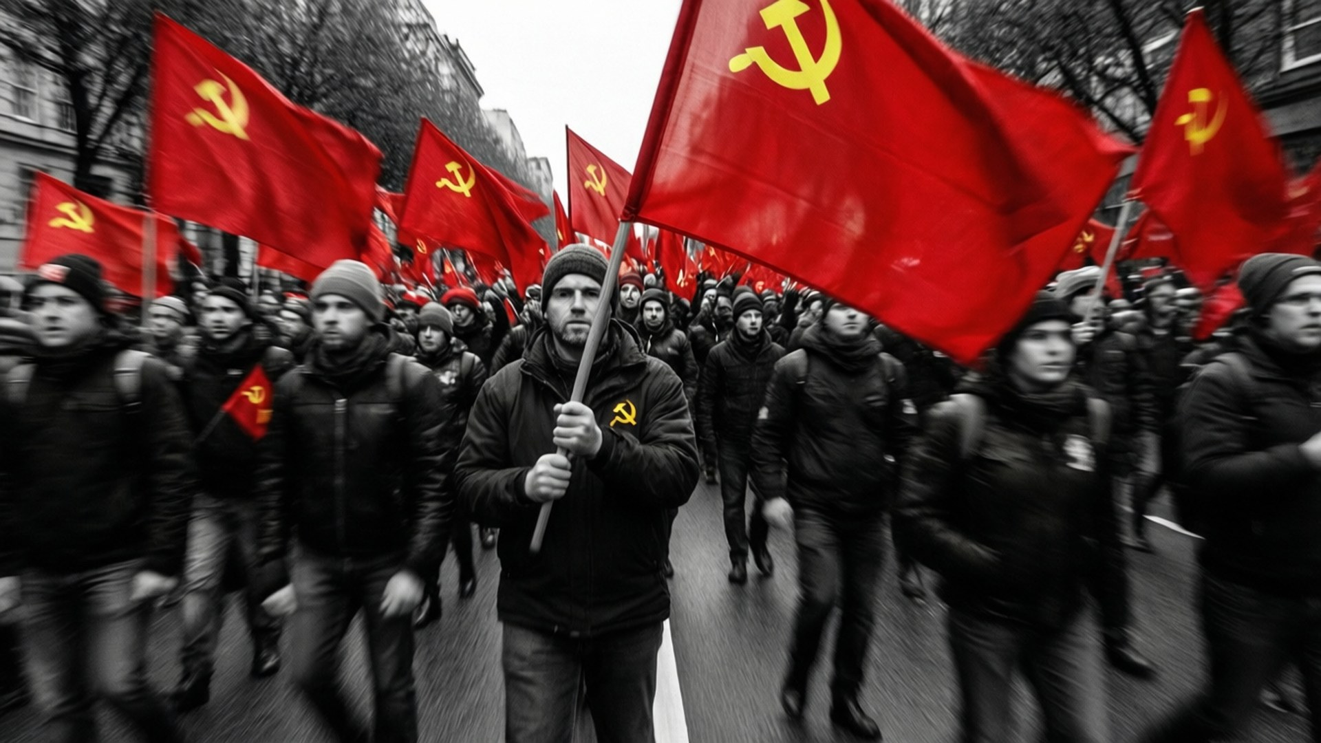 Communist Protest March 壁紙 — 一幅動態的黑白街頭抗議畫面，鮮紅的共產黨旗幟飄揚，遊行者齊步前進。