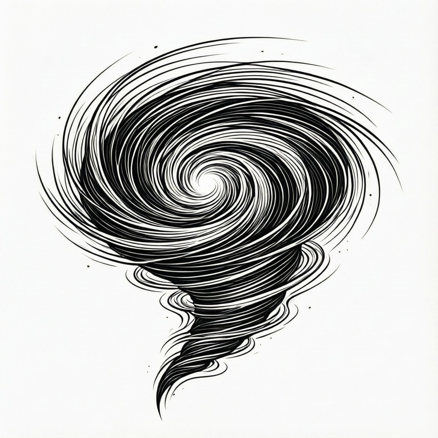 Line Art Hurricane 壁紙 — 一幅動態黑白插圖，描繪由大膽同心線條在純色背景上形成的旋轉龍捲風。
