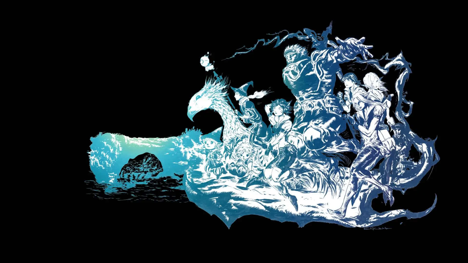  壁紙 — 一幅動態藍白動漫風格插圖，描繪一群角色在黑色背景上騎著神話海獸。