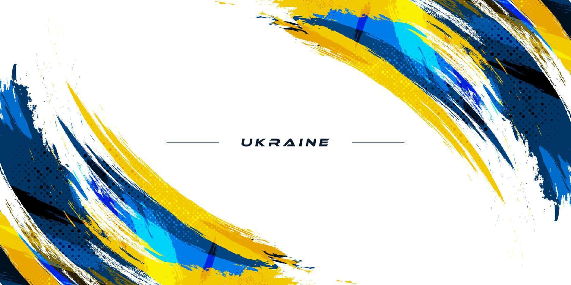 大膽的藍色和黃色筆觸在白色背景上框住Ukraine一詞。