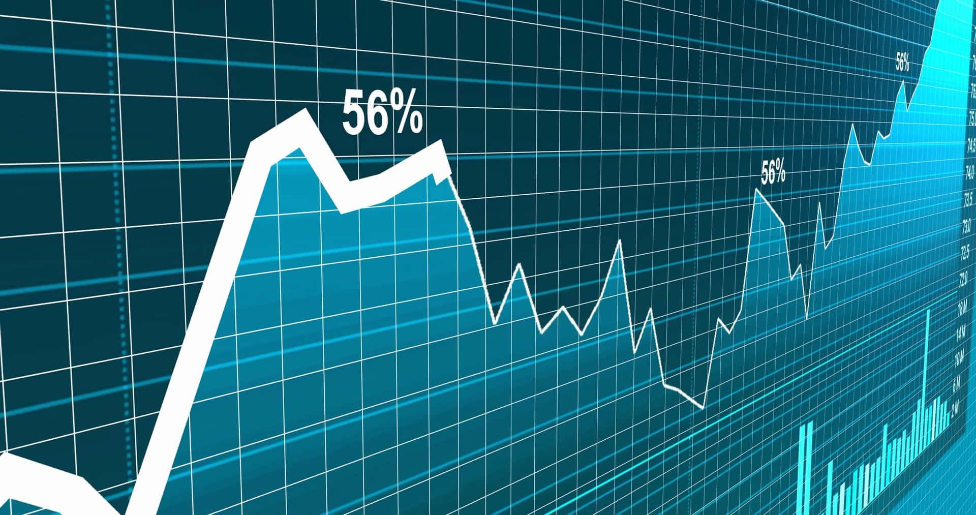 數位金融圖表，在藍色網格背景上以白色線條顯示56%的增長。