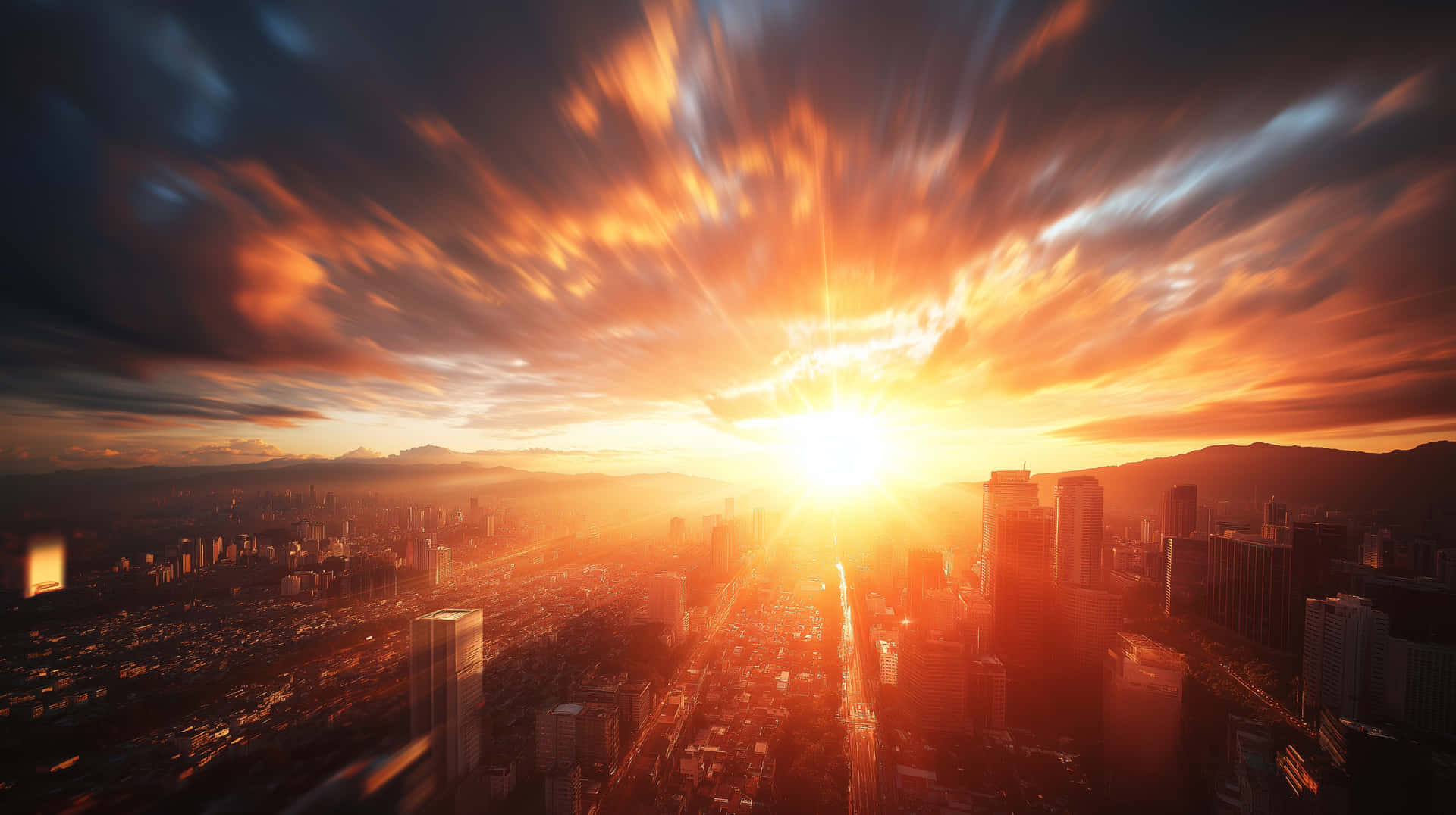 夕陽下密集的城市，摩天大樓和條紋雲