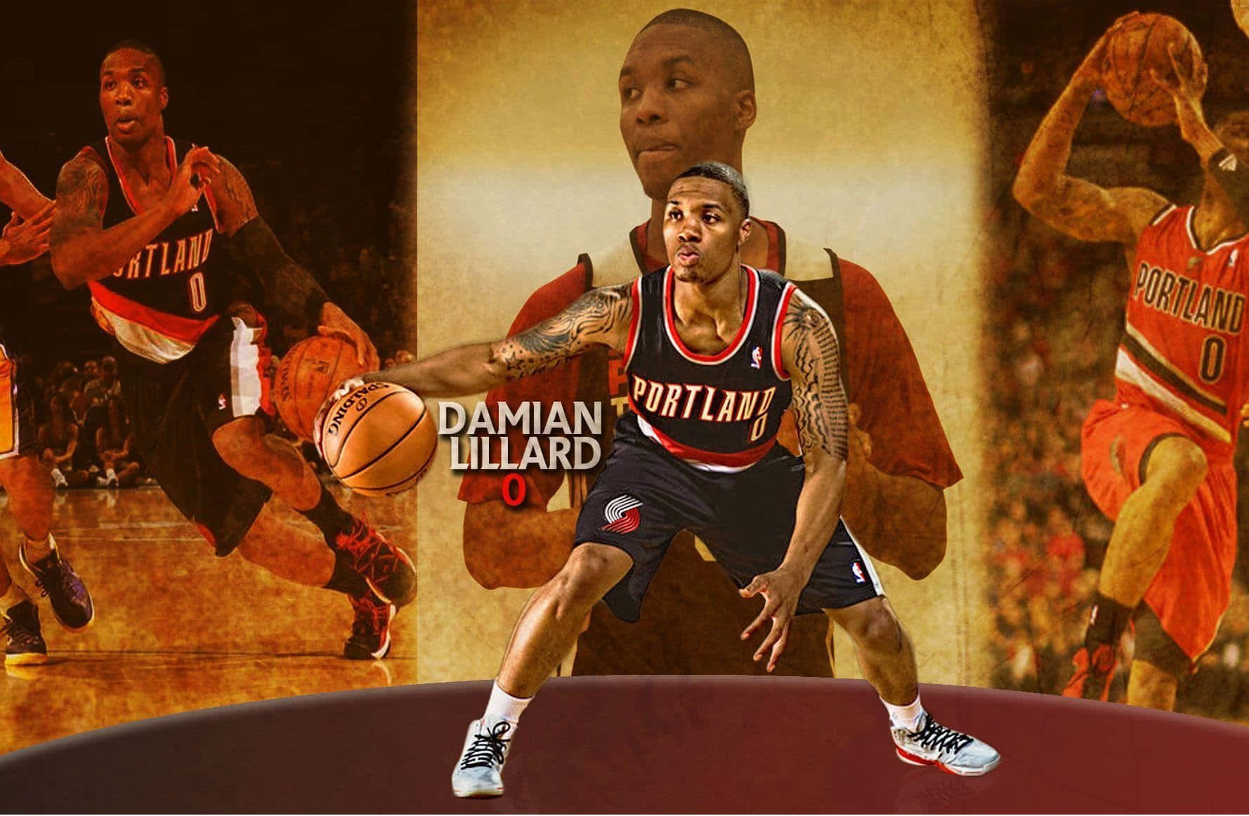  壁紙 — 動態拼貼，籃球運動員 Damian Lillard 穿著波特蘭拓荒者隊球衣的動作姿勢，搭配溫暖的金色燈光。