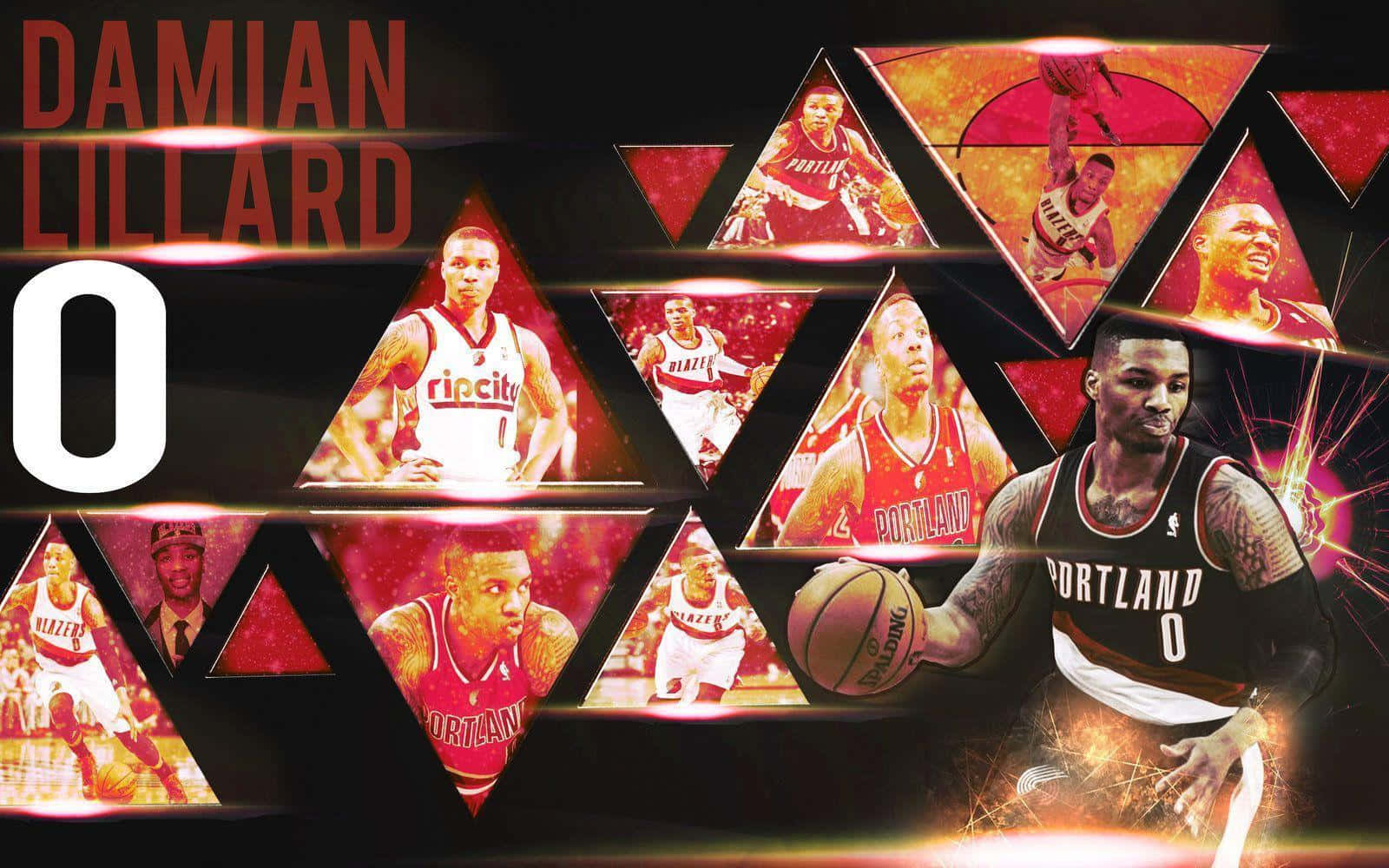  壁紙 — 動態拼貼，籃球運動員 Damian Lillard 的動作鏡頭以發光三角形框住，背景為深色。