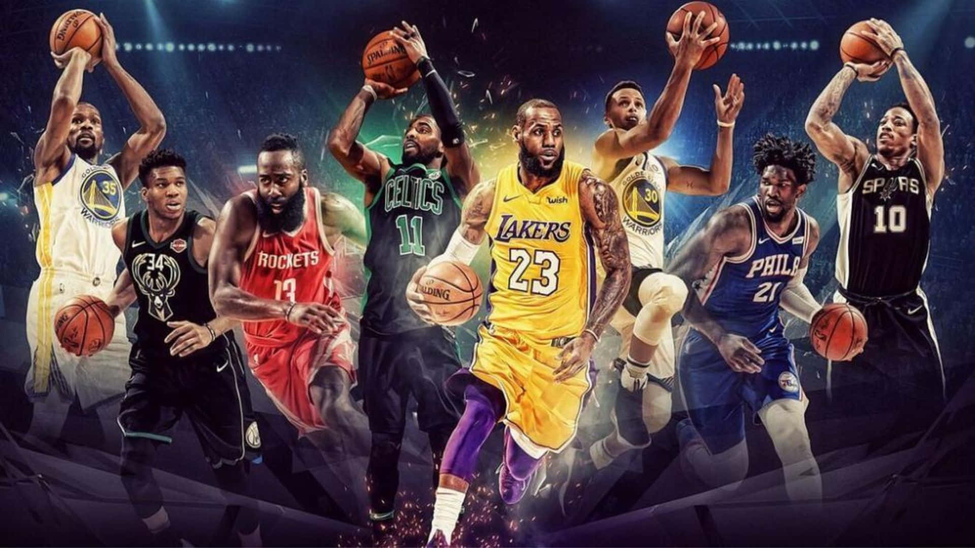 NBA All-star 桌布 壁紙 — 動態拼貼NBA籃球運動員在發光黑暗背景前穿著鮮豔球隊球衣的動作瞬間。