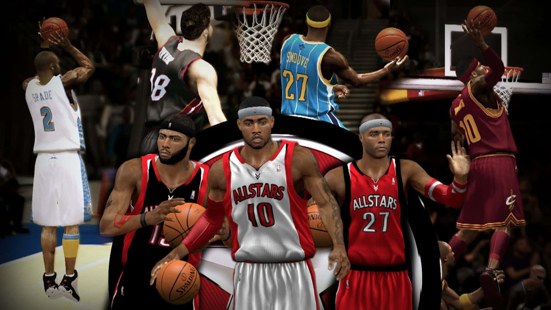 NBA All-star 桌布 壁紙 — NBA球員穿著球隊球衣並持球的動態拼貼