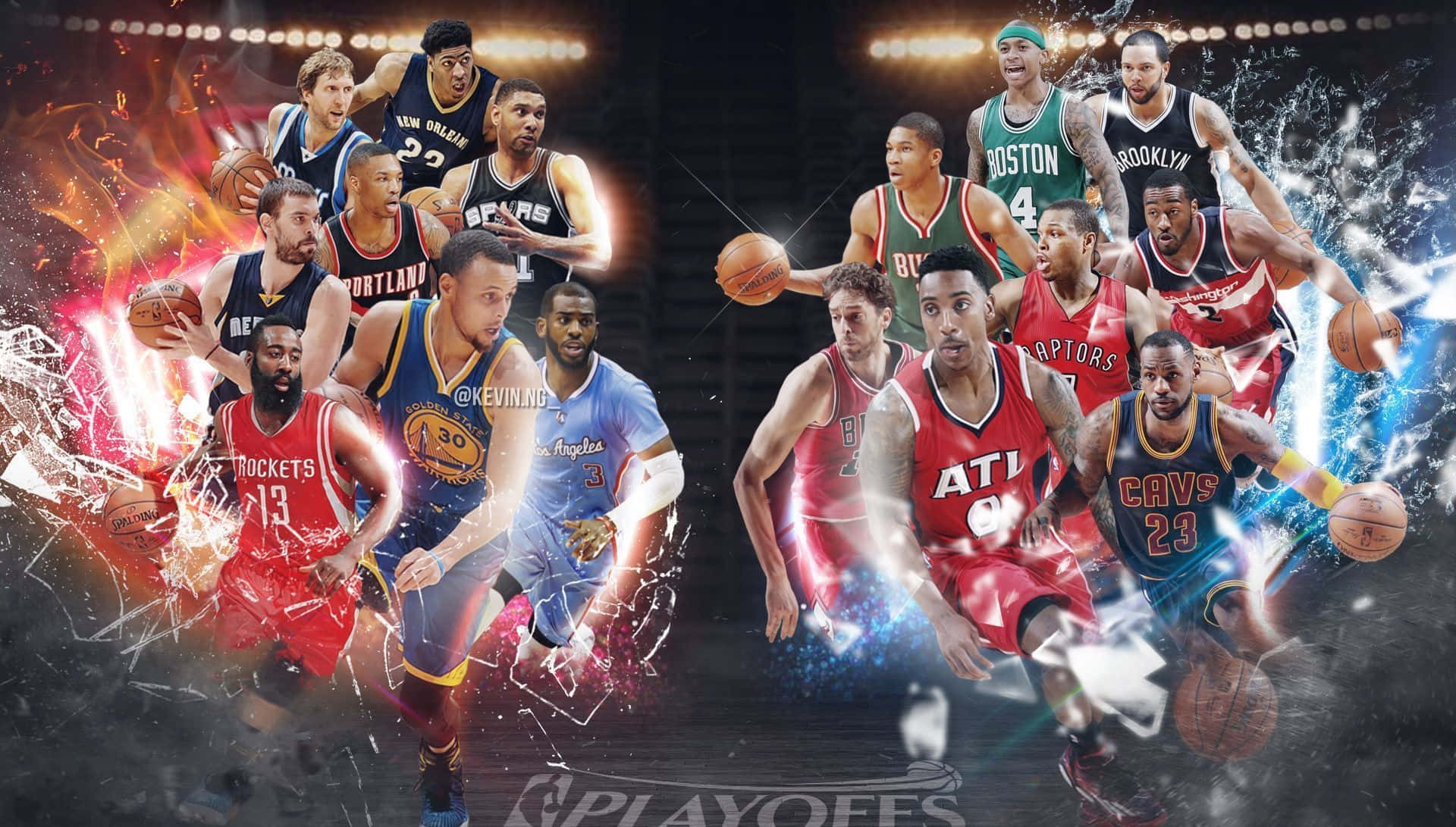 NBA季後賽最出色的籃球背景 壁紙 — NBA球員動感姿勢的動態拼貼，周圍環繞著火焰與冰霜能量效果。