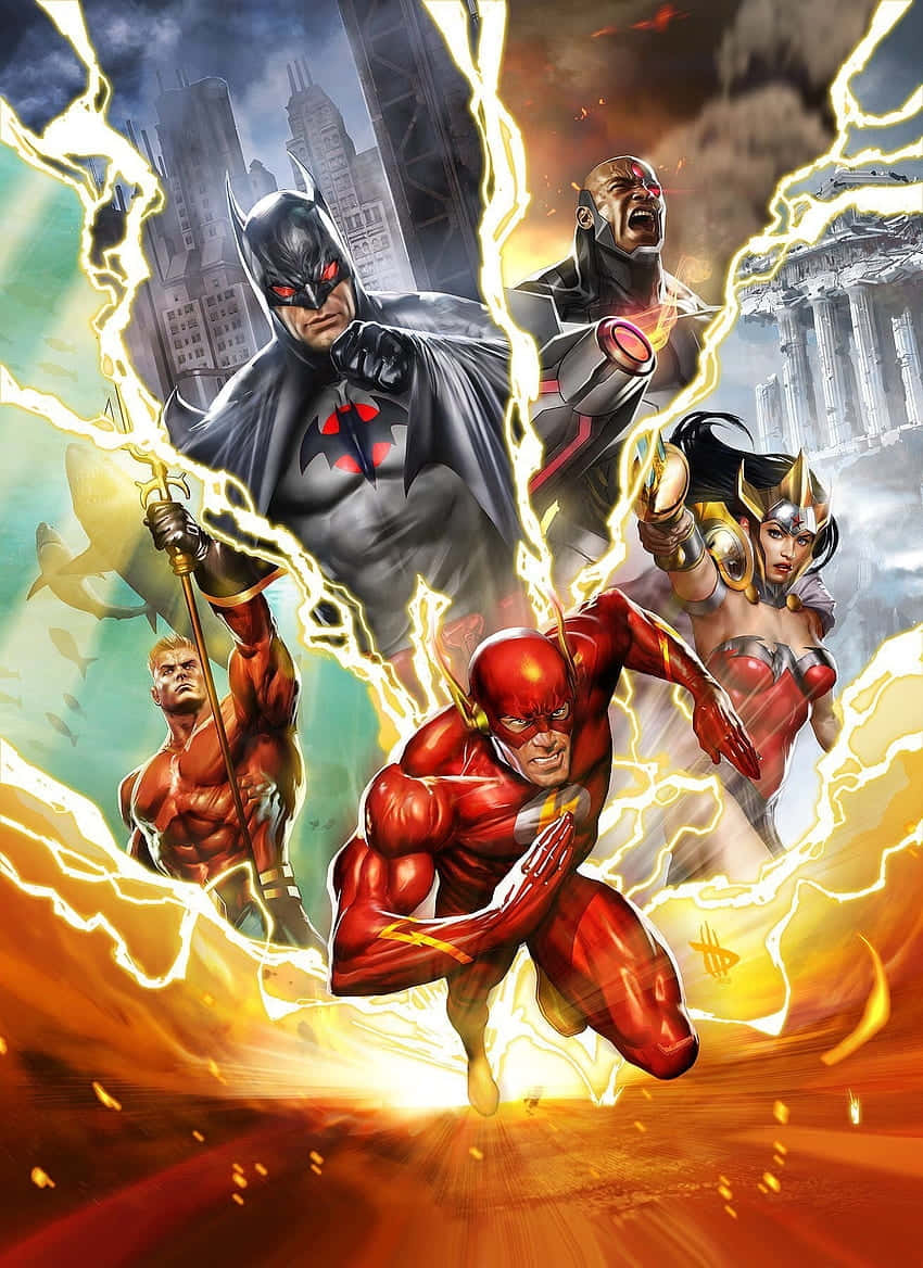 Marvel Vs Dc Universe 桌布 壁紙 — 動感漫畫英雄，包括蝙蝠俠、閃電俠和神奇女俠，在爆炸性閃電中衝向城市天際線。