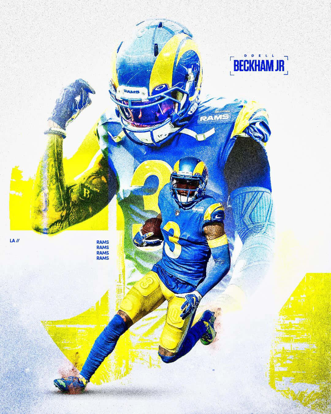 Obj 桌布 壁紙 — Odell Beckham Jr. 身穿公羊隊球衣，在抽象黃藍背景下持橄欖球衝刺的動態數碼藝術插圖。