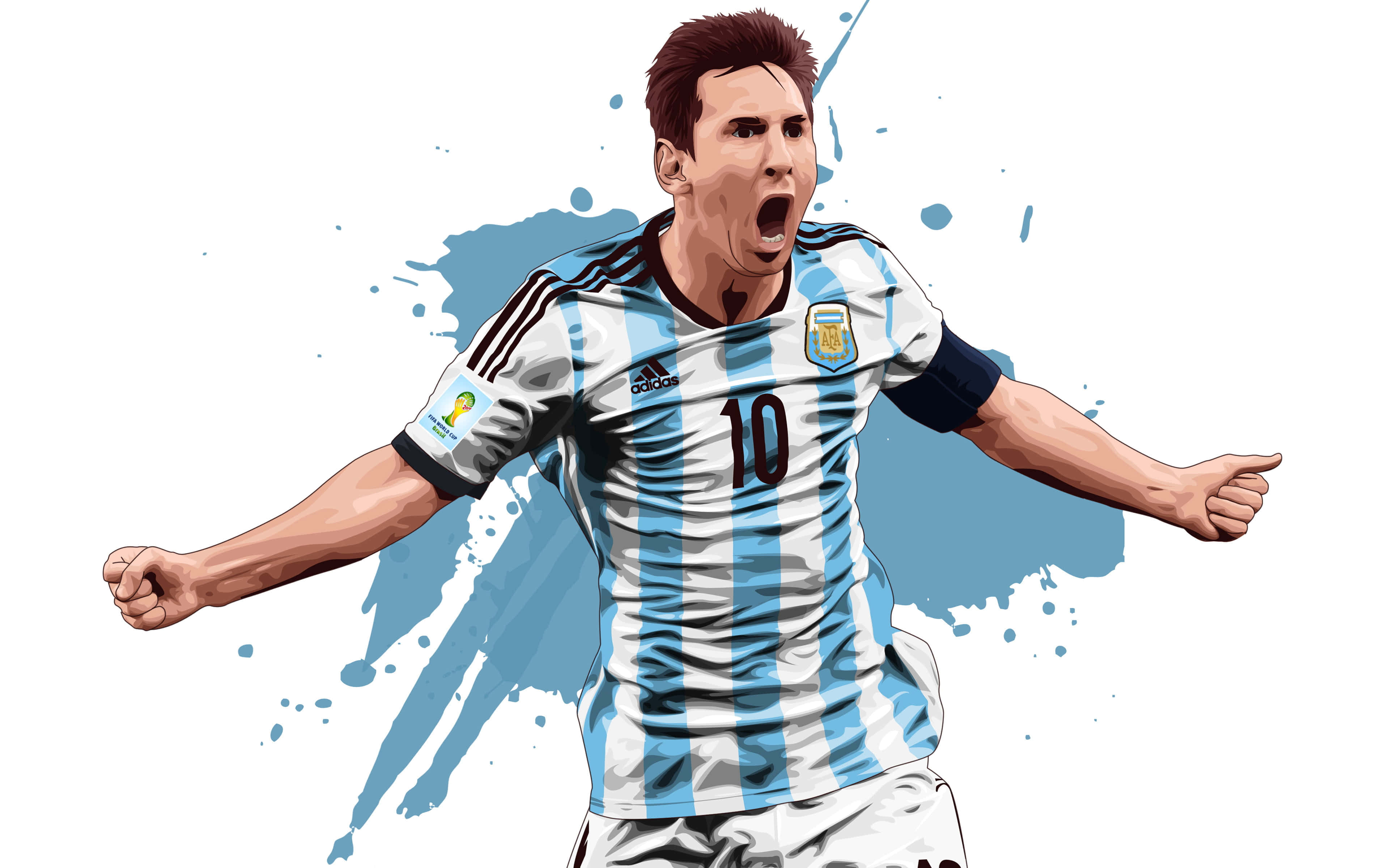 Messi 2022 桌布 壁紙 — 一幅動態數位插圖，描繪身穿阿根廷藍白間條球衣的利昂內爾·美斯，在濺灑的藍色背景前張開雙臂慶祝。