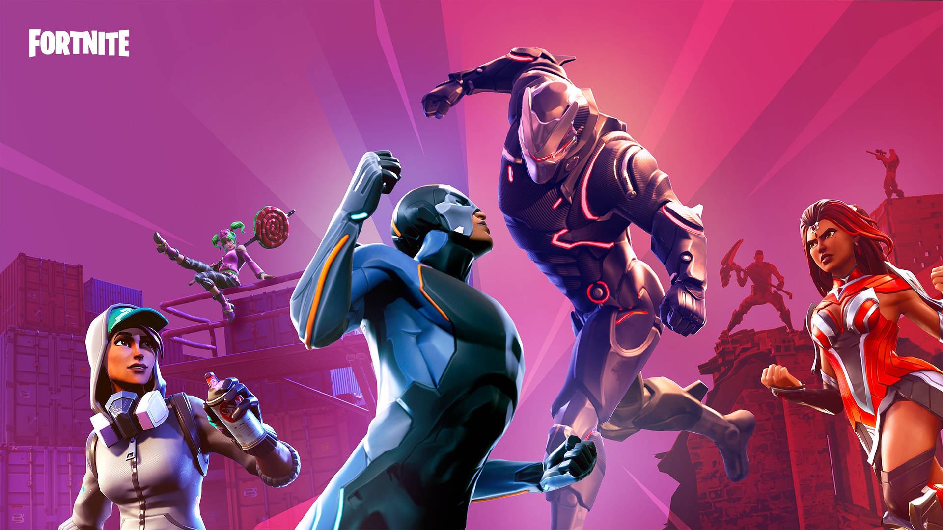 《Fortnite》最佳對戰瞬間 壁紙 — 充滿動感的 Fortnite 角色身穿未來裝備，在充滿活力的粉紅色和紫色城市天際線中跳躍和擺姿勢。