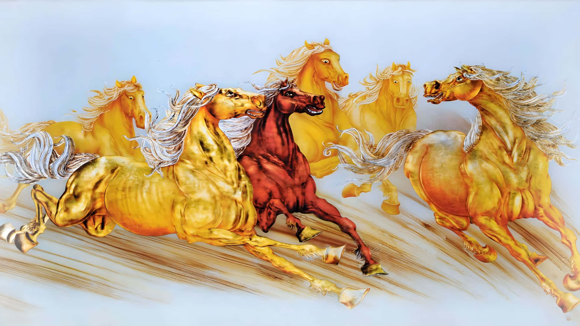  壁紙 — 一幅動感插圖，描繪六匹金紅色調的駿馬在柔和的天空背景下奔騰，鬃毛飄逸。