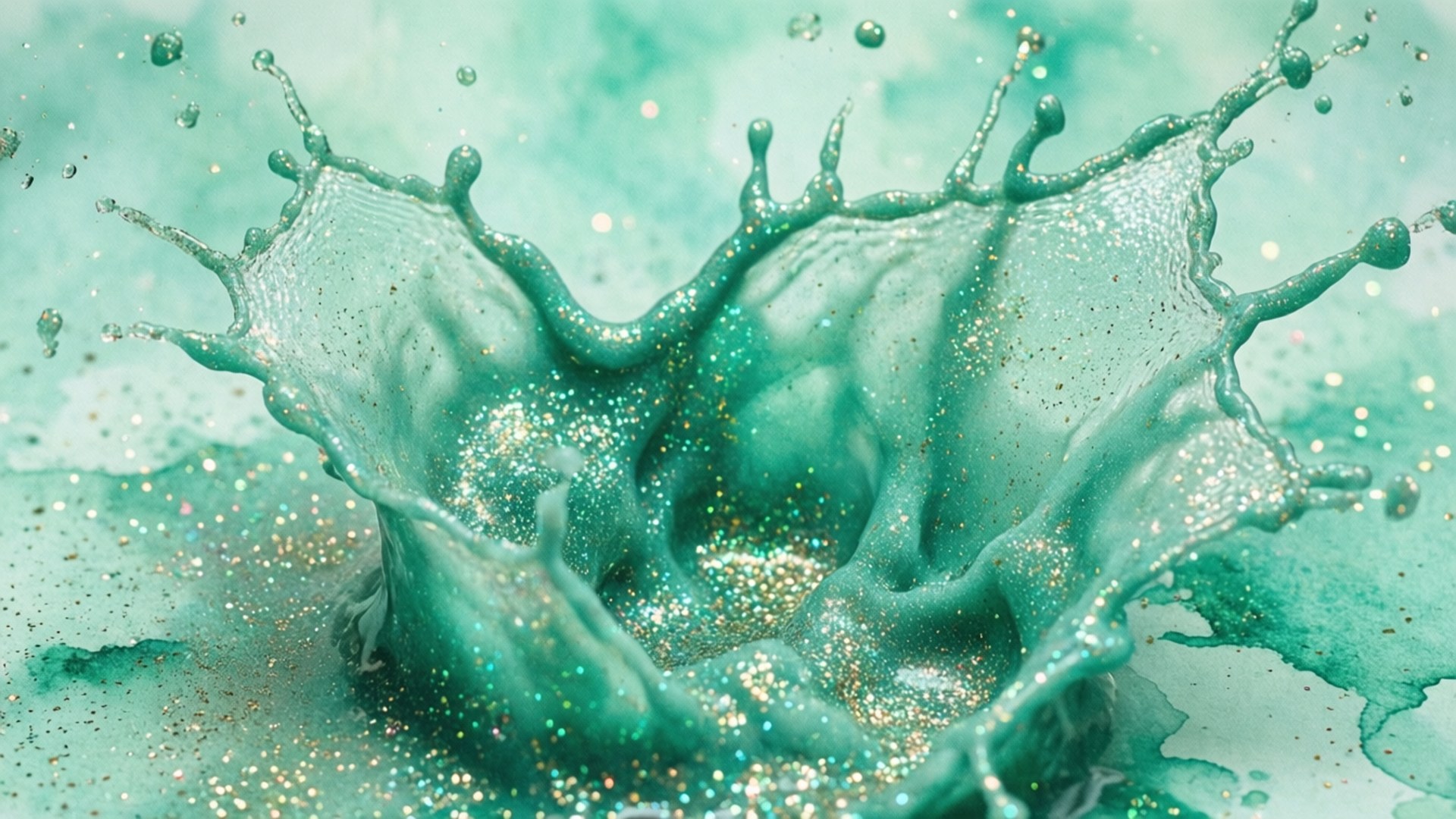 Mint Green Watercolor Splash 壁紙 — 在柔和的漸變背景上，閃閃發光的青綠色液體動態飛濺捕捉了凍結的動作。