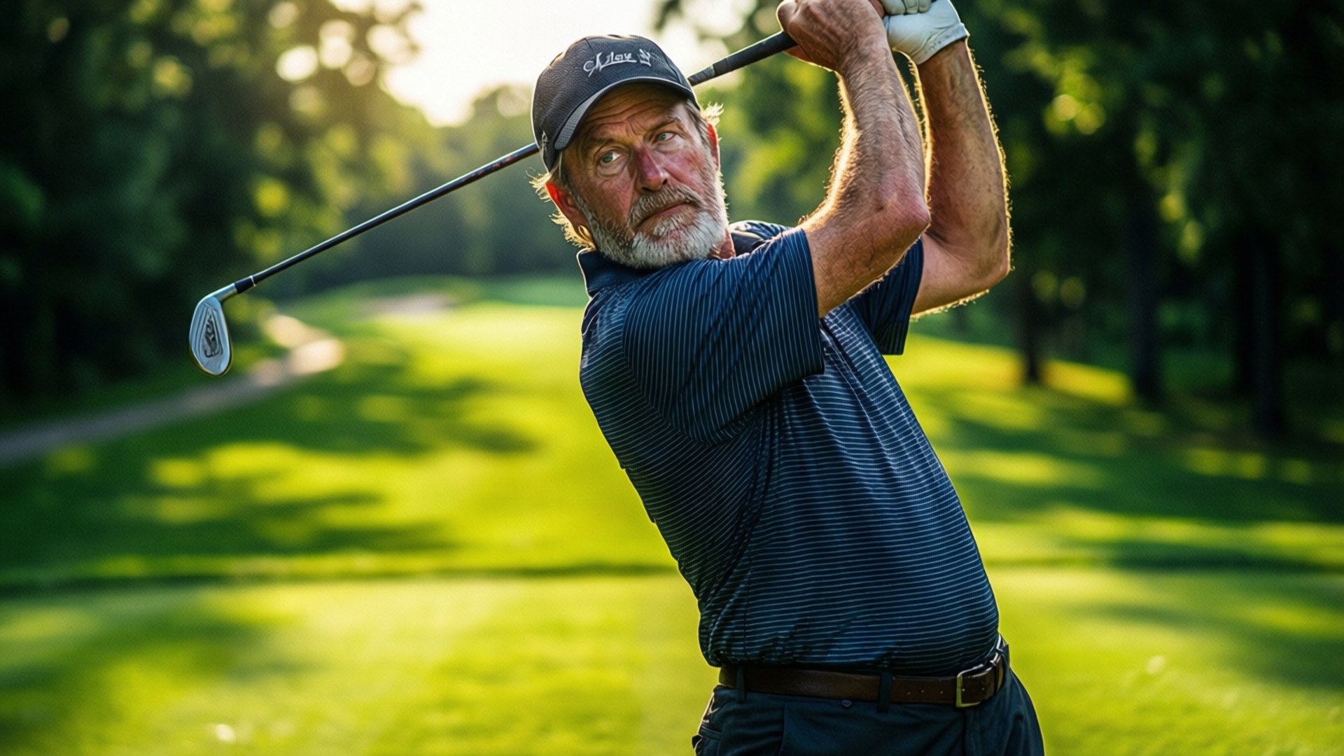 Senior golfer mid-swing on a sunny golf course with lush green grass and trees. 壁紙