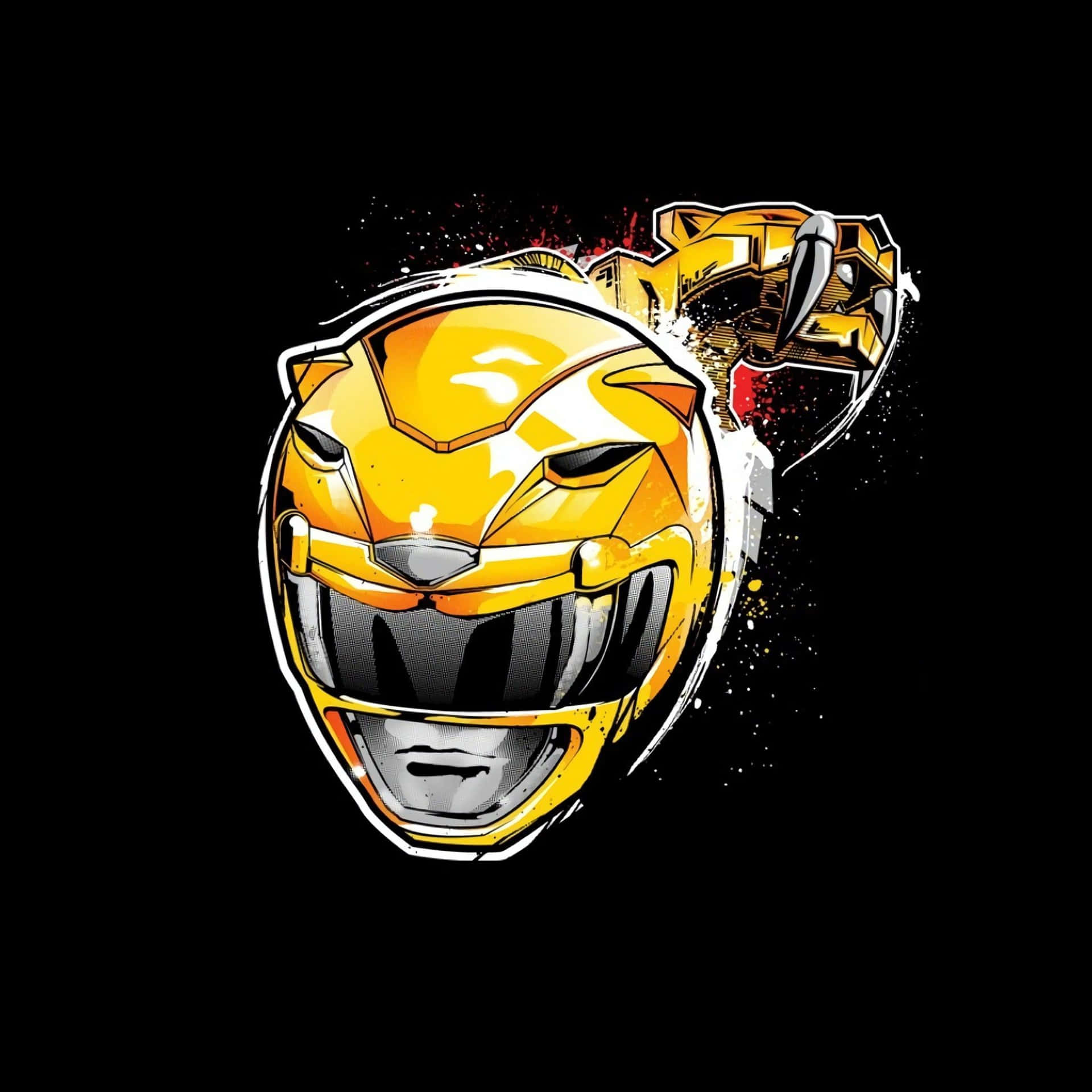  壁紙 — 一個帶有老虎圖案的動感黃色Power Ranger頭盔，在黑色背景上以潑漆效果向前衝出。