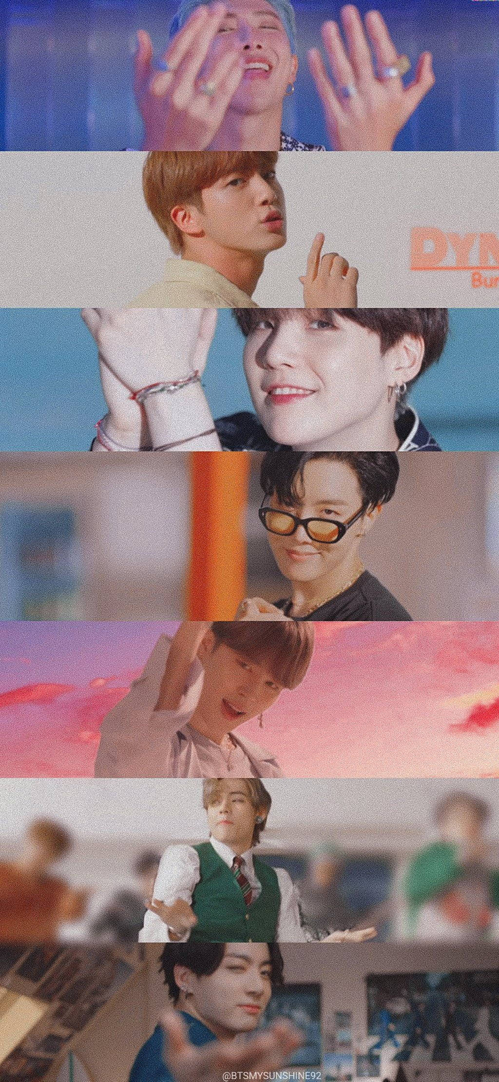 Dynamite MV 個人場景鎖屏 BTS 壁紙 — 一幅充滿活力的拼貼畫，描繪了七位K-pop偶像在色彩繽紛、風格化的背景前，以富有表現力的姿勢擺拍。
