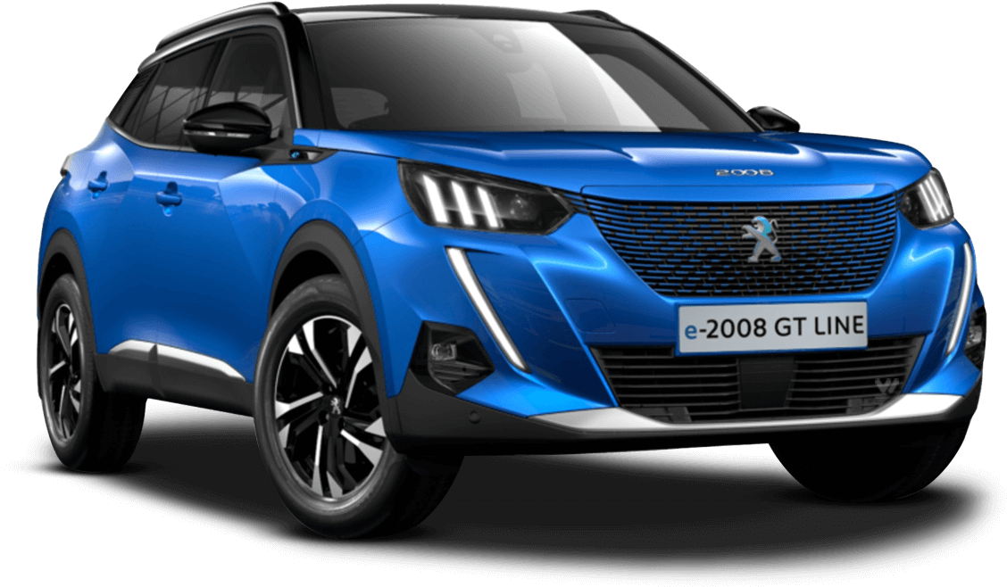 藍色標致e-2008 GT Line電動SUV 壁紙 — 一輛充滿活力的藍色Peugeot e-2008 GT Line SUV在工作室拍攝中展示，具有時尚現代設計和黑色點綴。