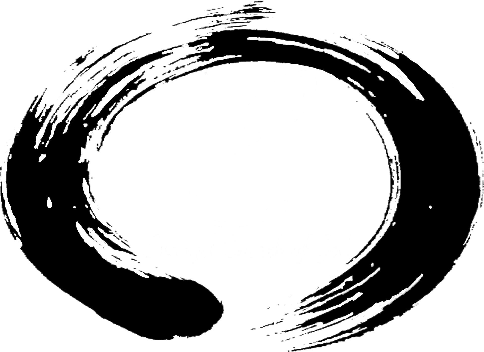 禪意啟發的「E Evangel Church of God」標誌 壁紙 — 一個極簡的黑白標誌，包含一個風格化的「E」，周圍環繞著筆觸漩渦，下方有「Evangel Church of God」文字。
