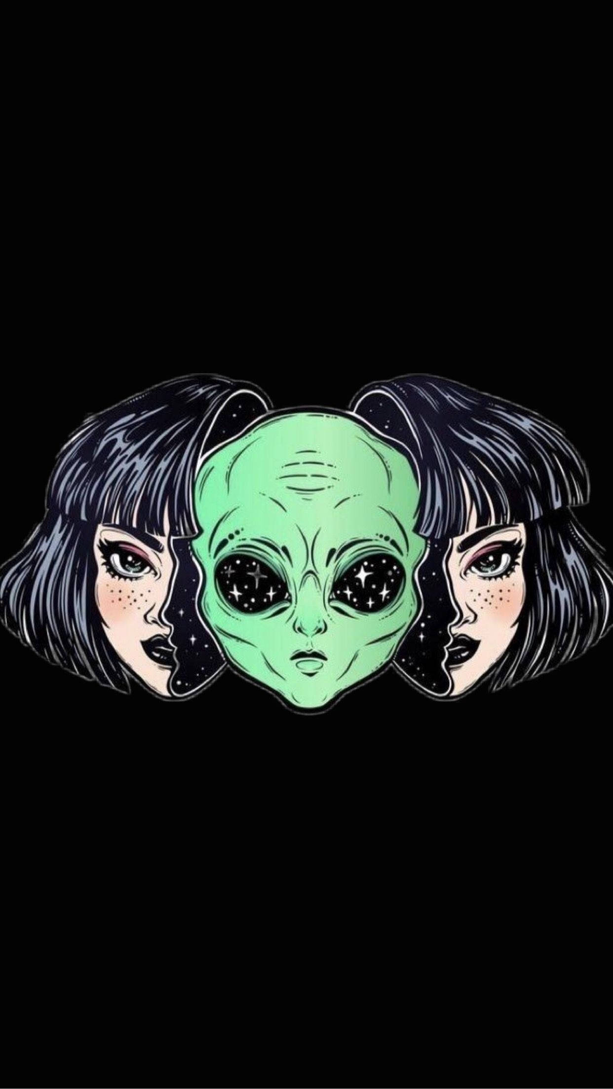 古怪外星人 E-Girl 風格 壁紙 — 一個風格化的外星人頭部，帶有星星眼睛，兩側是兩個相同的深色頭髮人類面孔，背景為黑色。