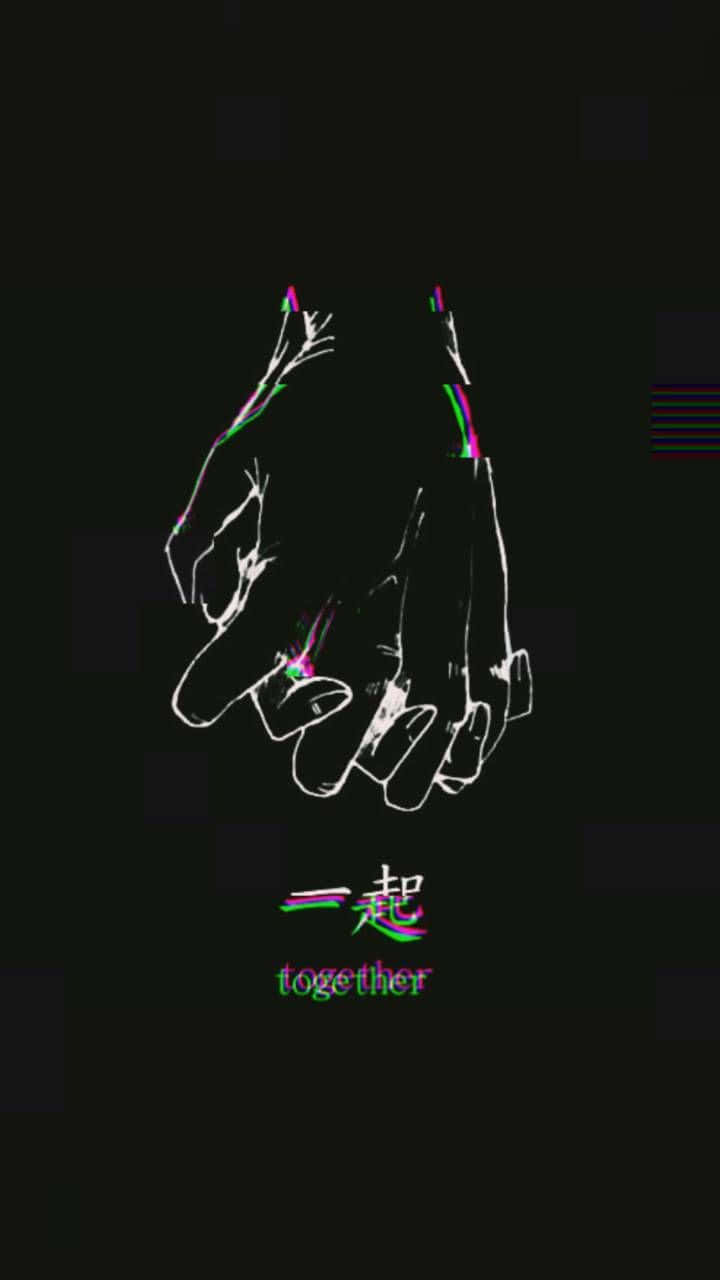 兩隻手緊握，帶有霓虹光芒及下方文字