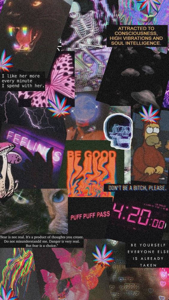 迷幻拼貼畫，包含文字引用和流行文化圖像，以霓虹色彩呈現。