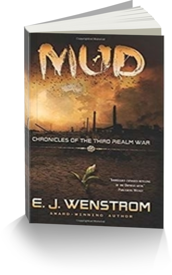 E.J. Wenstrom 著《MUD》書封面 壁紙 — 一本名為「MUD」的書封面顯示了日落時分荒涼的戰場，泥濘的地面上長出一棵嫩芽。